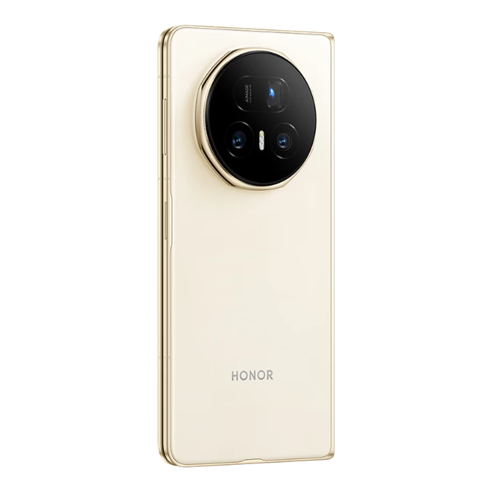 Uno smartphone oro chiaro con modulo fotocamera rotondo sul retro, con logo HONOR.