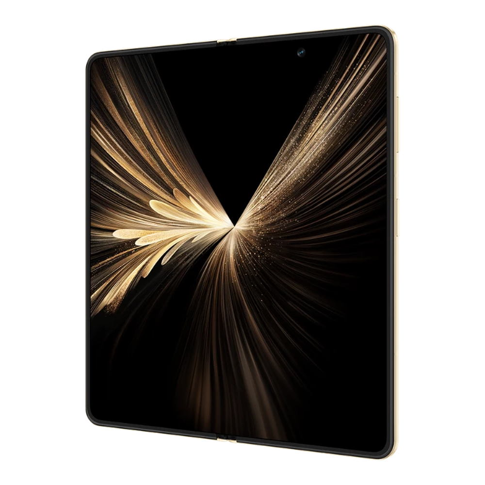 Uno smartphone chiuso, color oro, che mostra un motivo dorato astratto sul suo schermo.