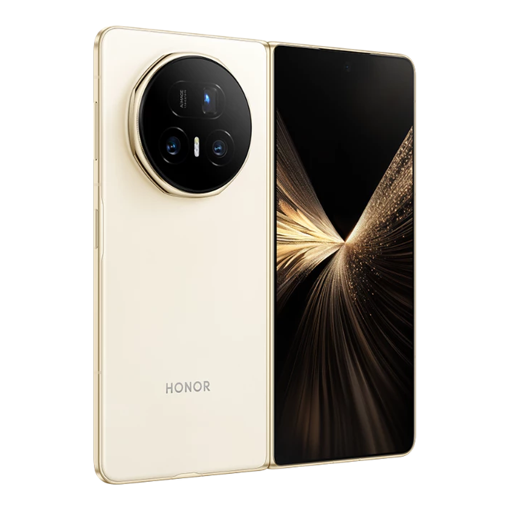 Un telefono Honor pieghevole aperto, color oro, con un grande modulo fotocamera circolare sul retro.