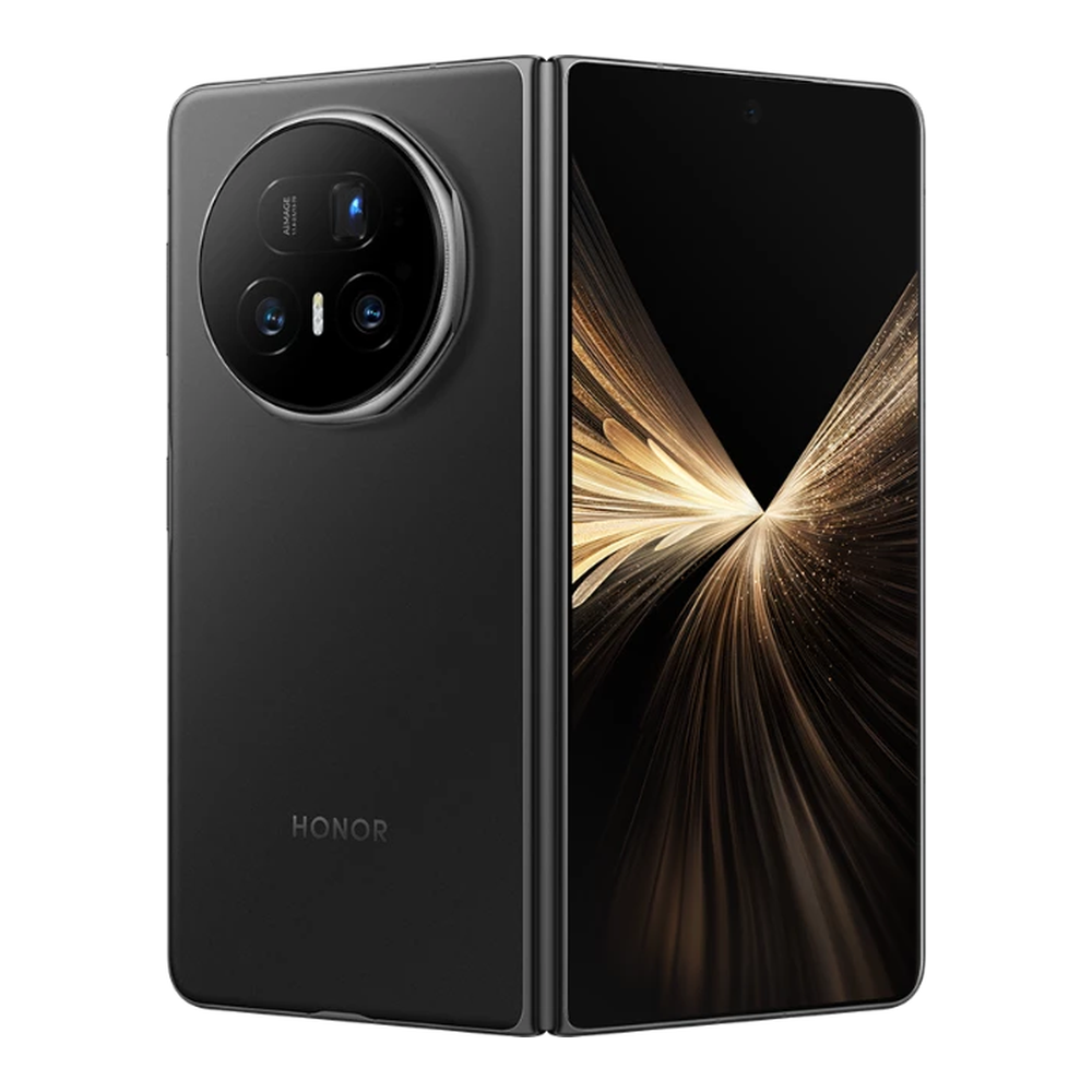 Un telefono Honor pieghevole nero con modulo fotocamera rotondo e sfondo luminoso sullo schermo.