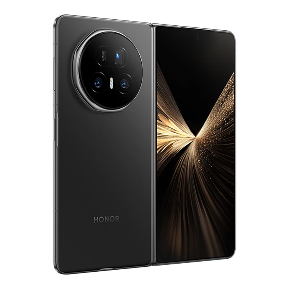 Uno smartphone pieghevole Honor nero con tre fotocamere posteriori e schermo aperto.