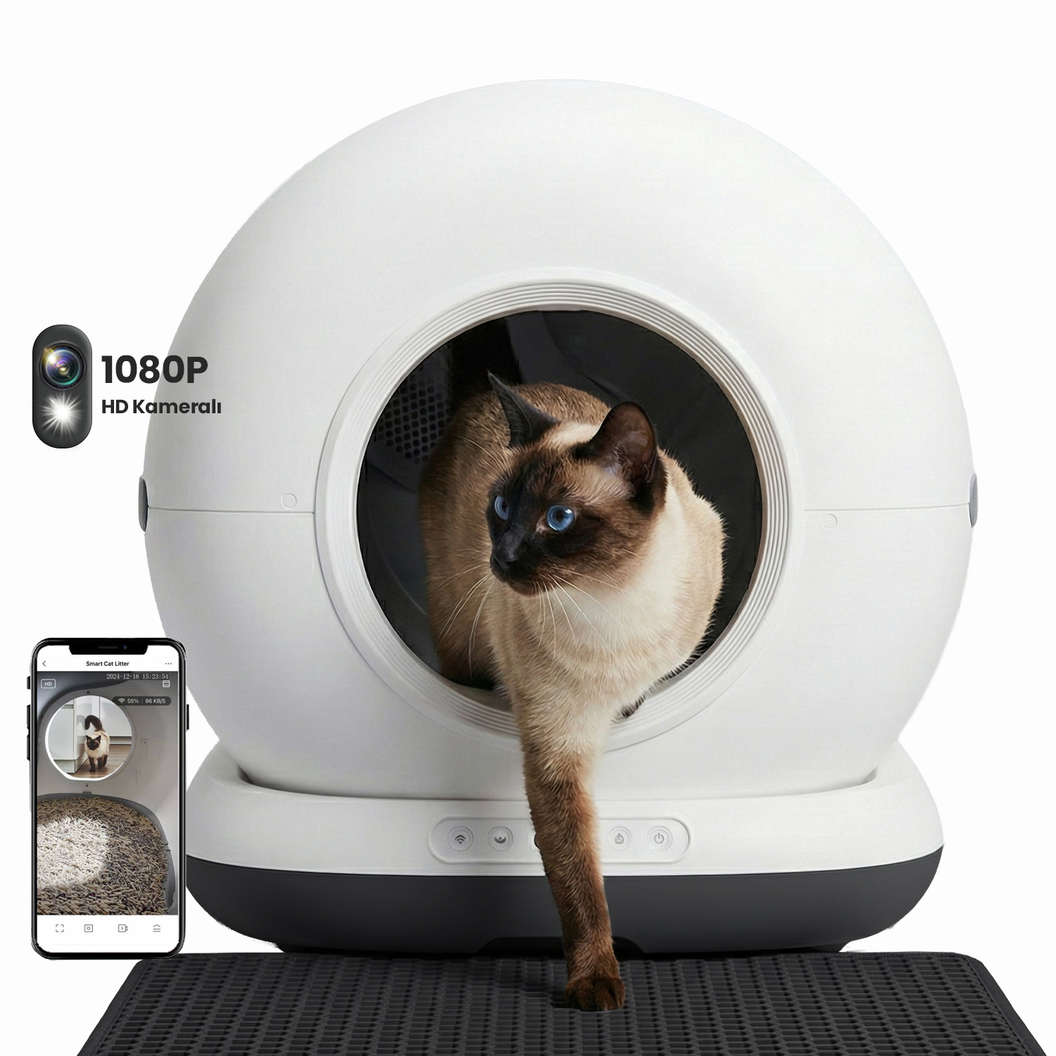 Kamera özellikli beyaz, yuvarlak otomatik kedi tuvaletinden bir kedi çıkıyor.