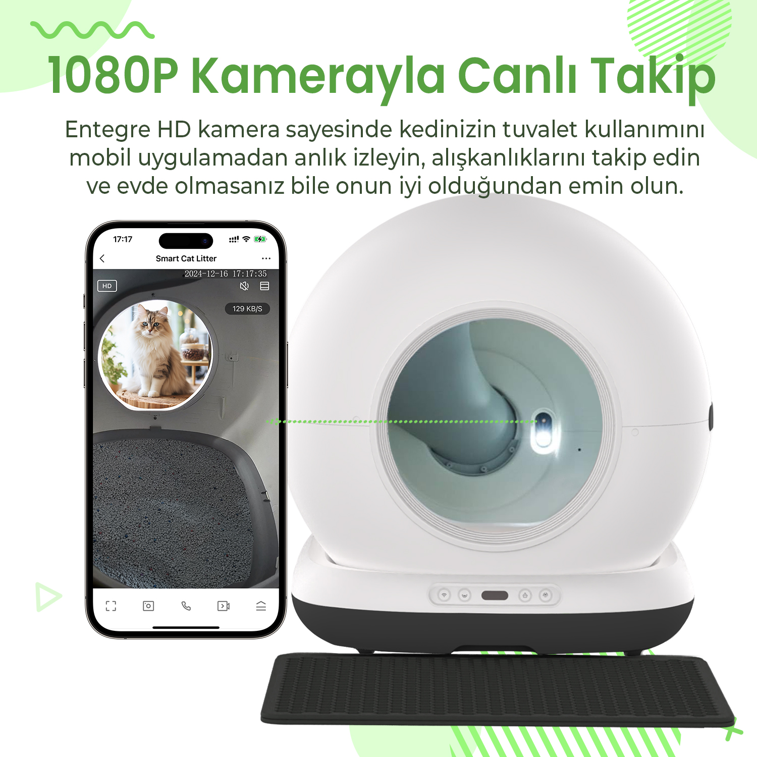 Akıllı telefon, kedinin kendi kendini temizleyen bir kedi tuvaletinde, tuvaletin yanında.