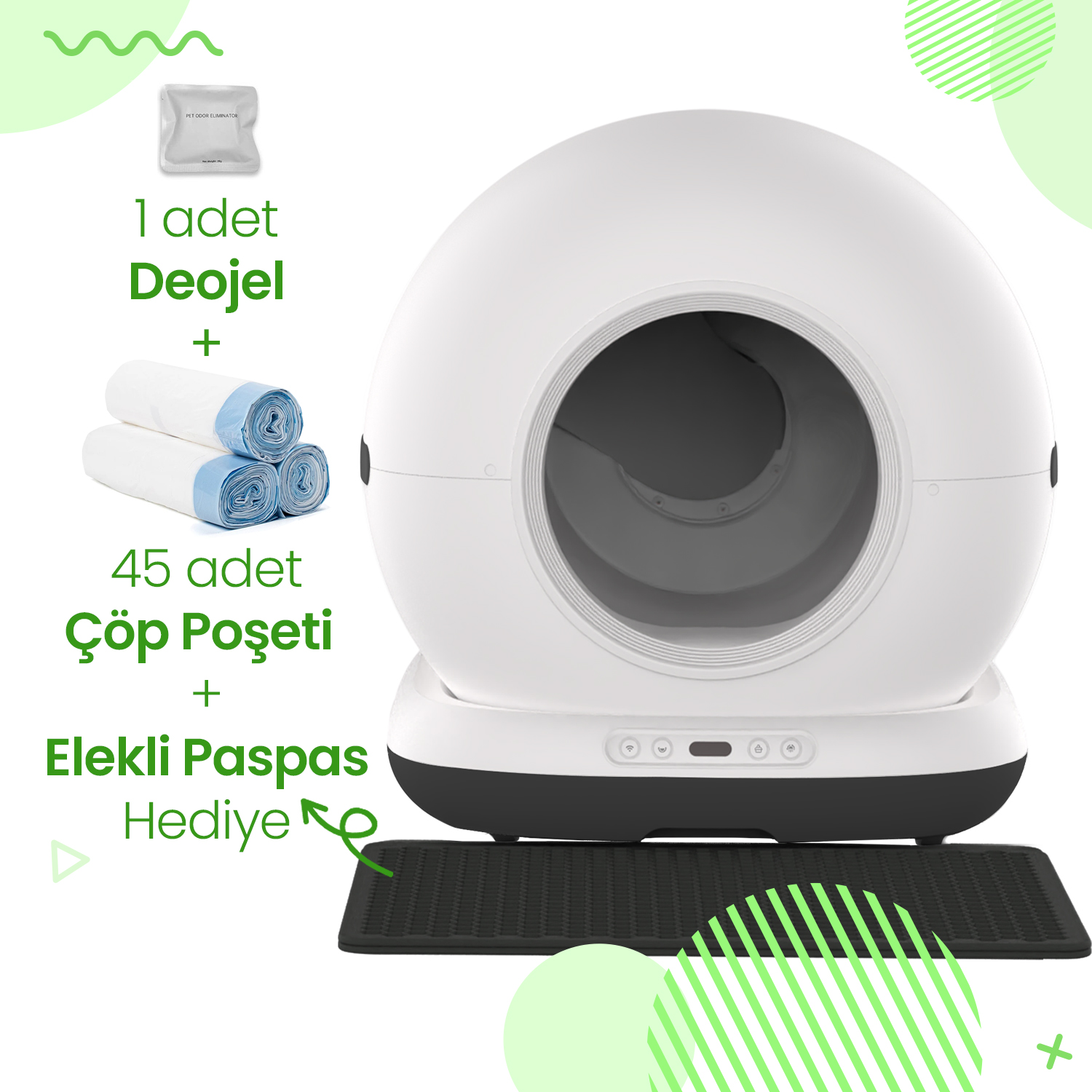 Aksesuarli beyaz otomatik kedi tuvaleti: deodorant, çöp torbası ve paspas.