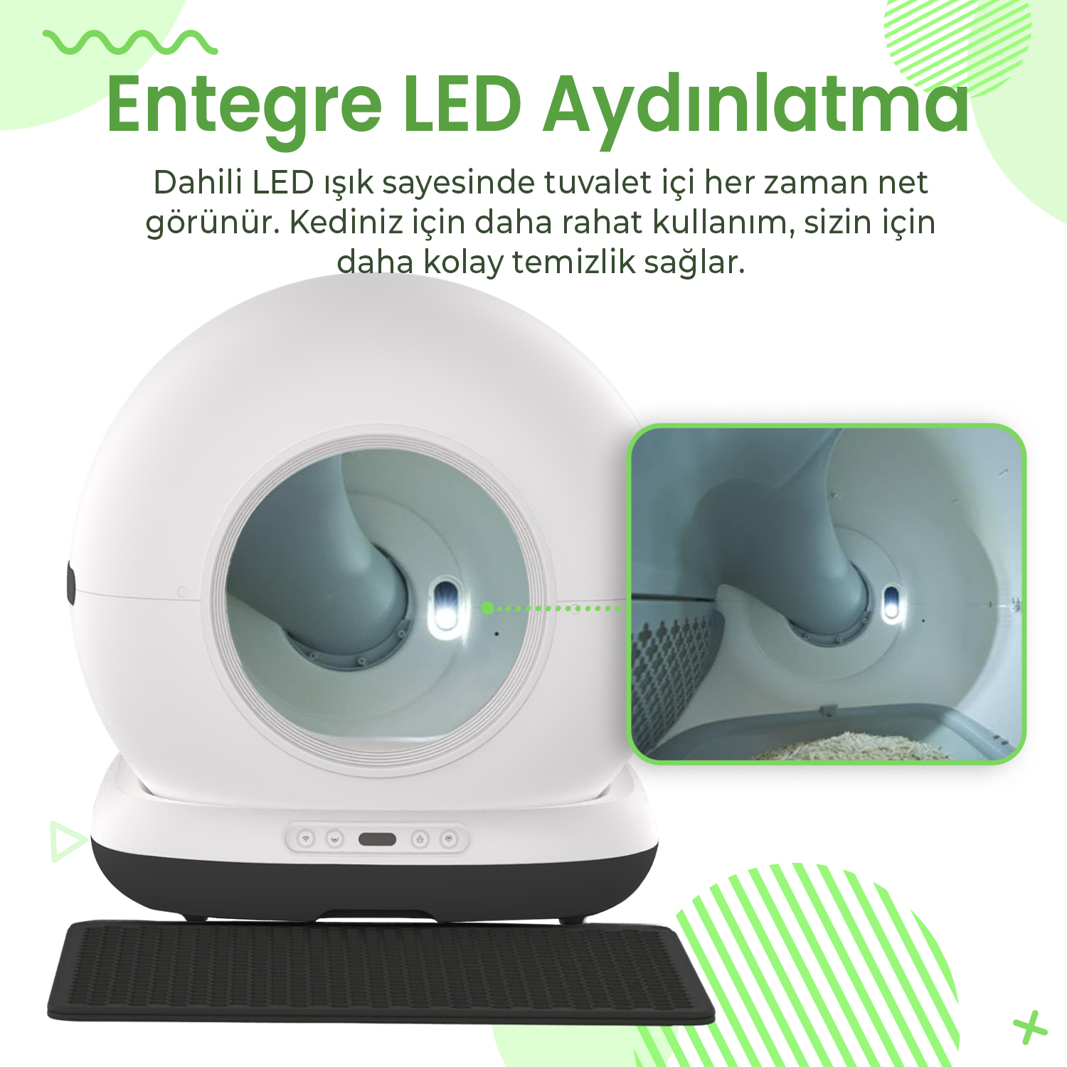 Entegre LED aydınlatmalı beyaz otomatik kedi tuvaleti ve önünde mat.