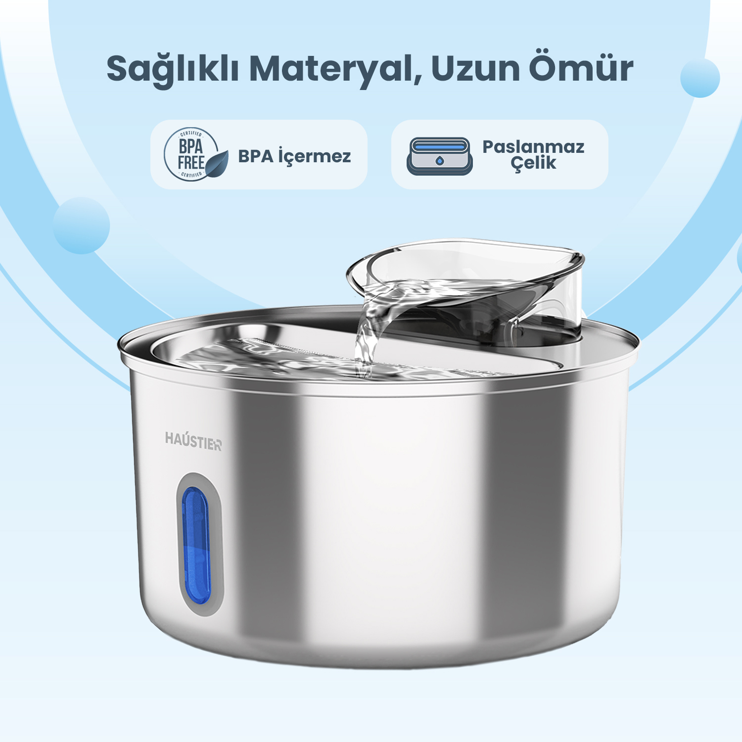 BPA içermez sertifikalı, paslanmaz çelik evcil hayvan su sebili, su seviye göstergeli.