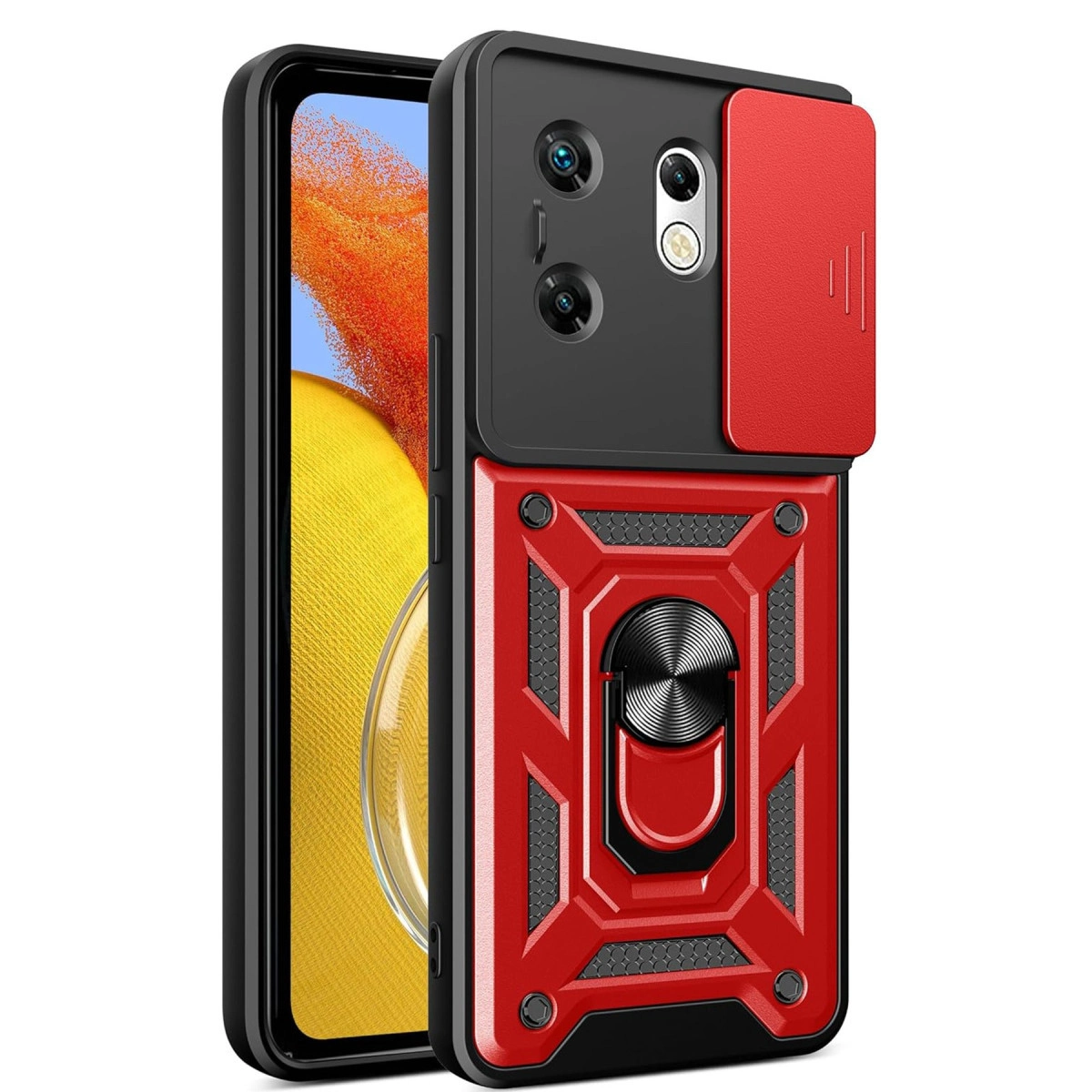Halka tutuculu ve kamera kapaklı kırmızı ve siyah telefon kılıfı.