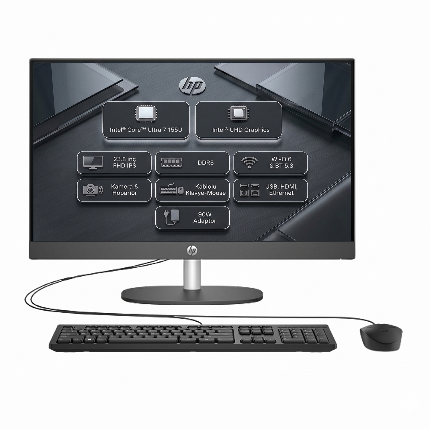 23,8 inç ekranlı, Intel Core 7 işlemcili HP Hepsi Bir Arada bilgisayar, klavye ve fare.
