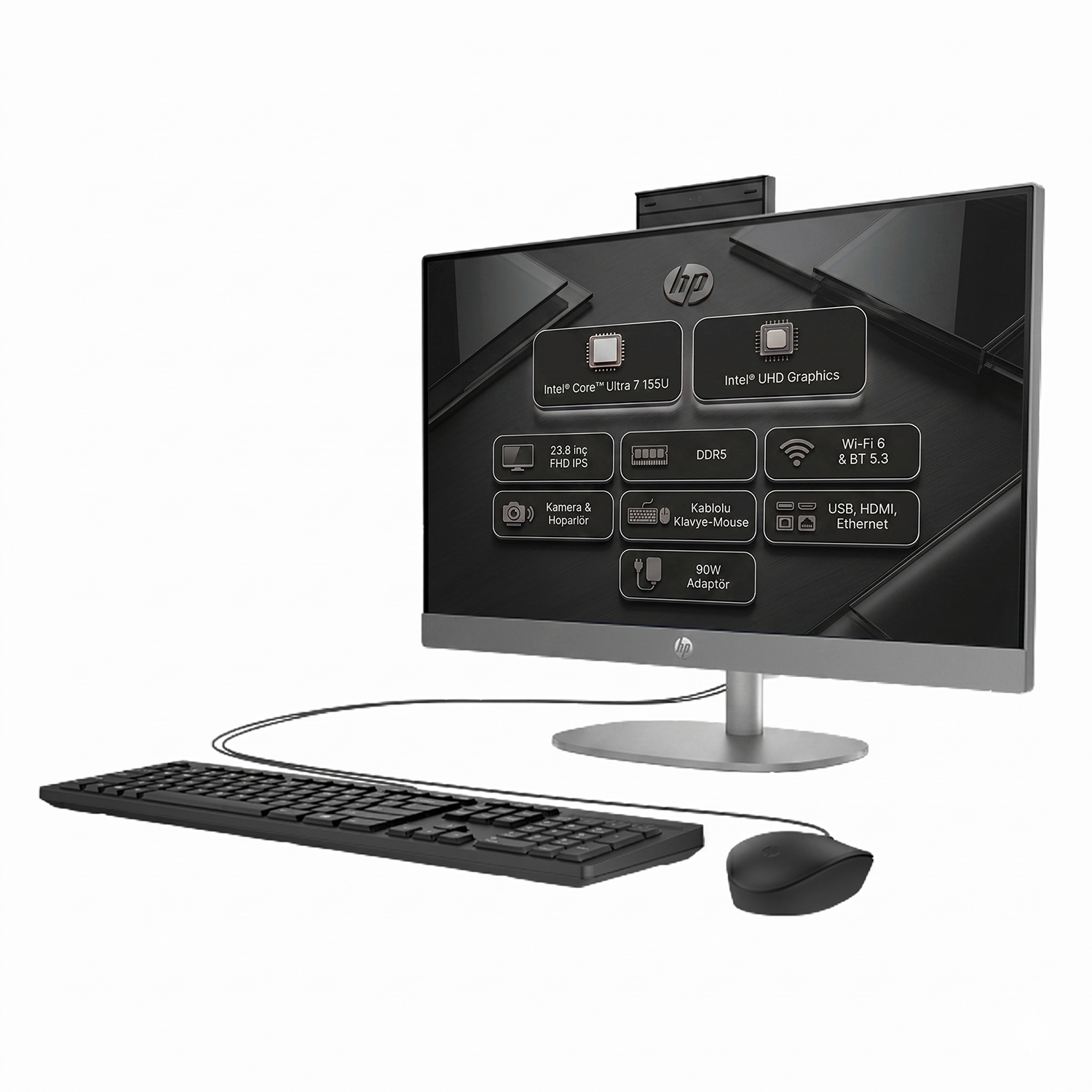 Klavye ve fareli HP Hepsi Bir Arada PC, Intel Core Ultra 7, 23,8 inç FHD IPS.