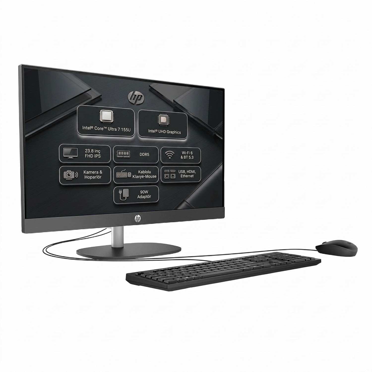 23,8 inç FHD IPS ekrana, klavyeye ve mouse'a sahip HP Hepsi Bir Arada Bilgisayar.