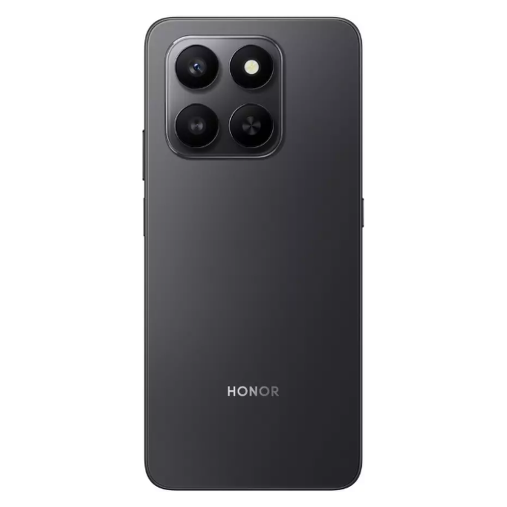 Smartphone Honor grigio scuro con quadrupla fotocamera posteriore e logo.
