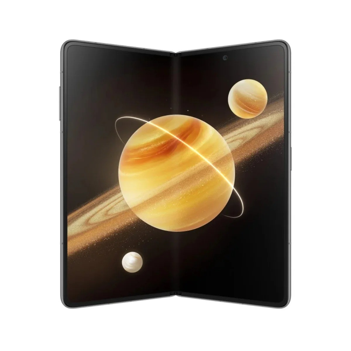 Otwarty smartfon wyświetla planety i pierścienie w kosmicznym designie.