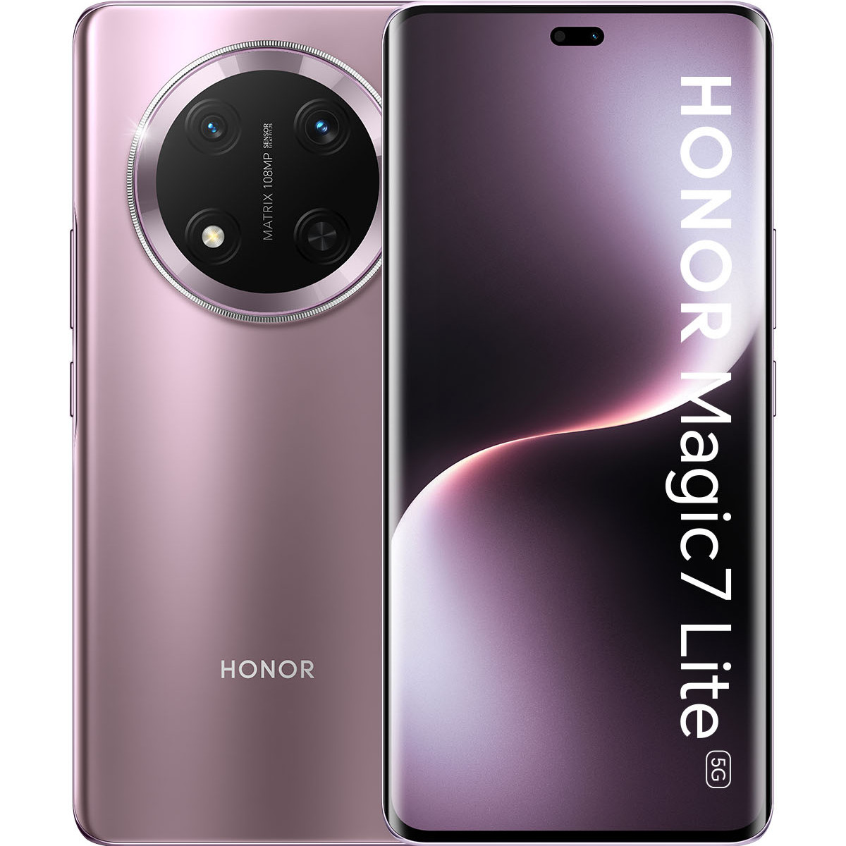 Ein rosafarbenes Honor Magic 7 Lite Smartphone mit 108MP Matrix-Kamera.