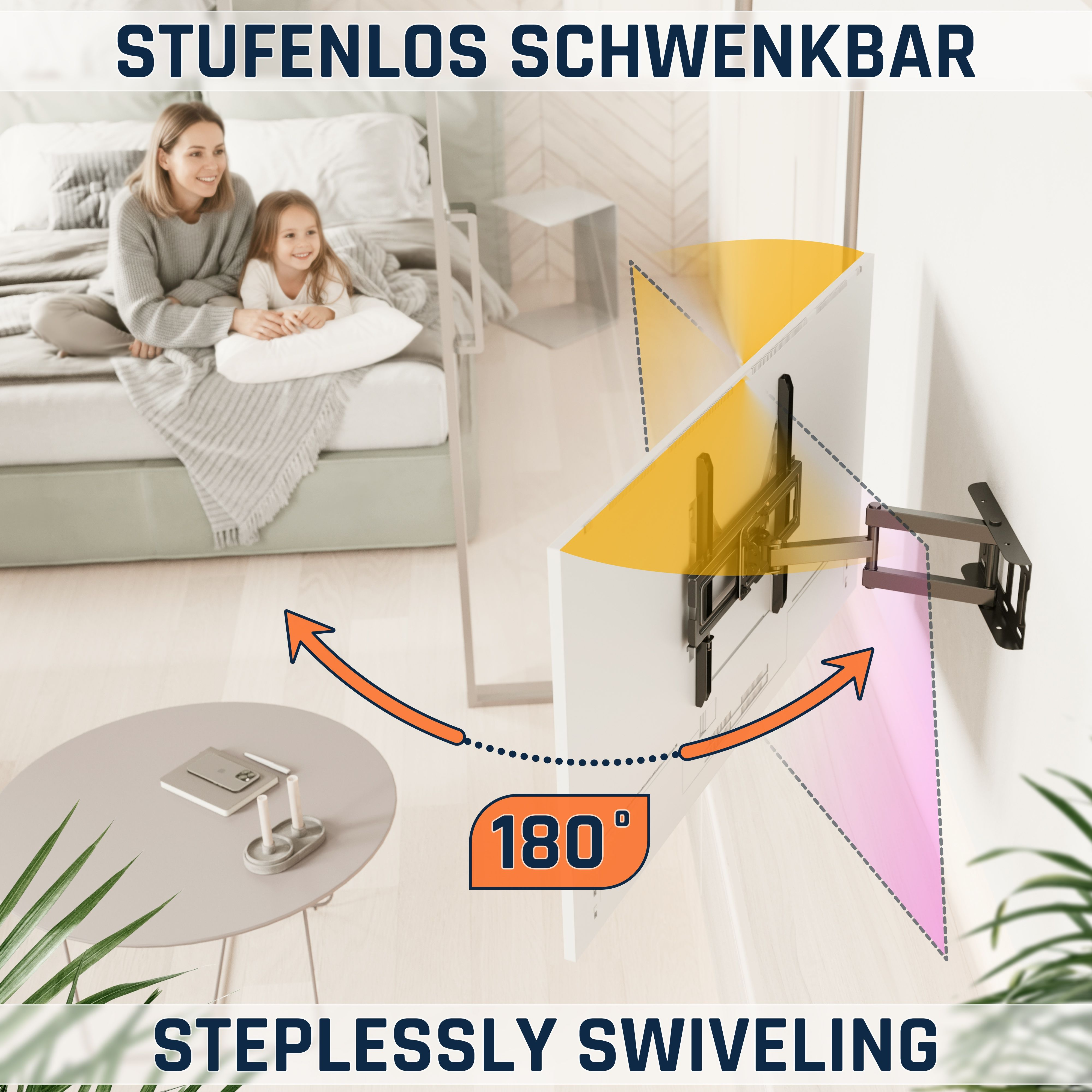 Ein schwenkbarer TV-Halter im Schlafzimmer, der 180 Grad schwenkt.