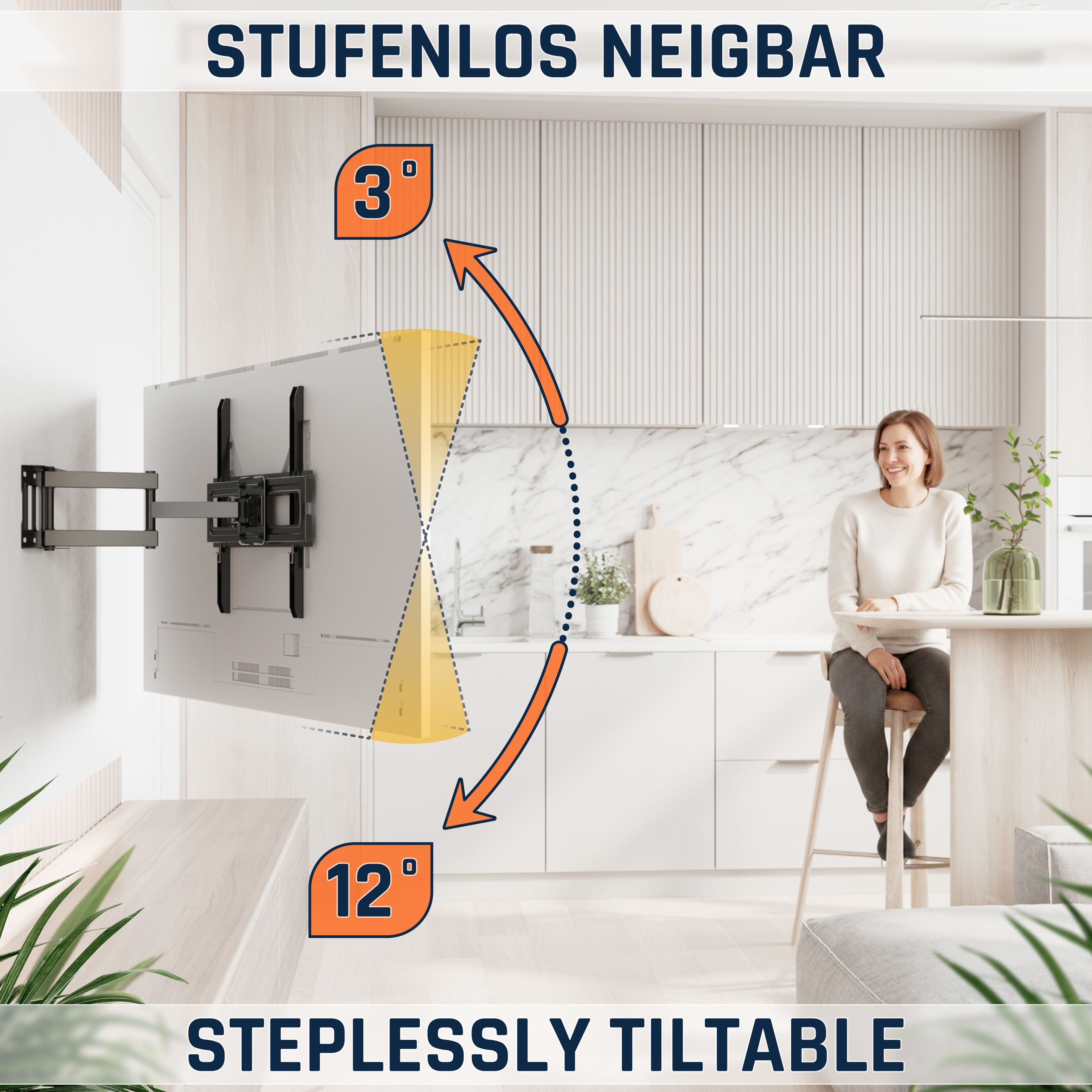 Ein TV-Wandhalter mit einem Bildschirm, der um 3° bis 12° neigbar ist.