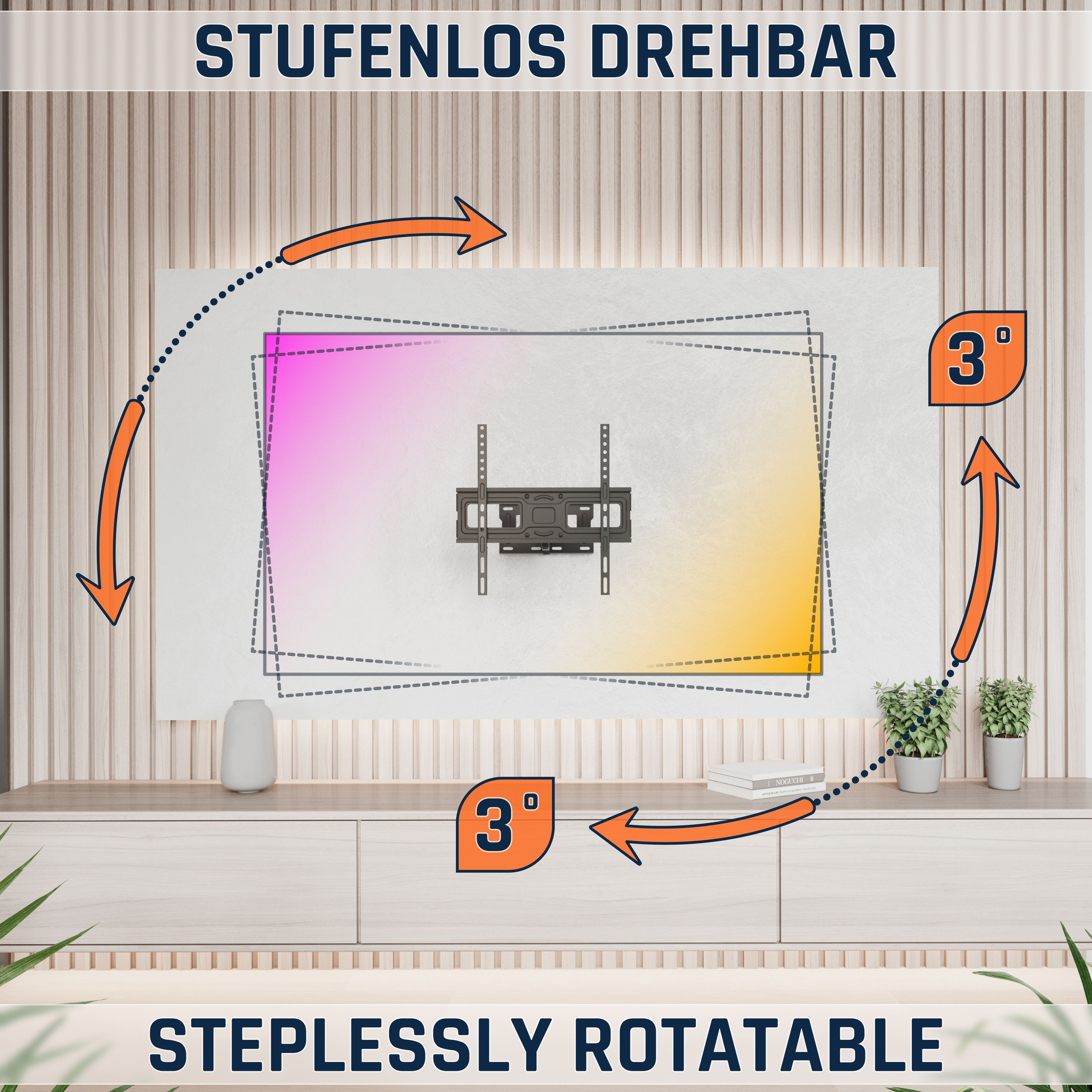 Stufenlos drehbarer TV-Halter an Wand. Orange Pfeile zeigen Bewegung.