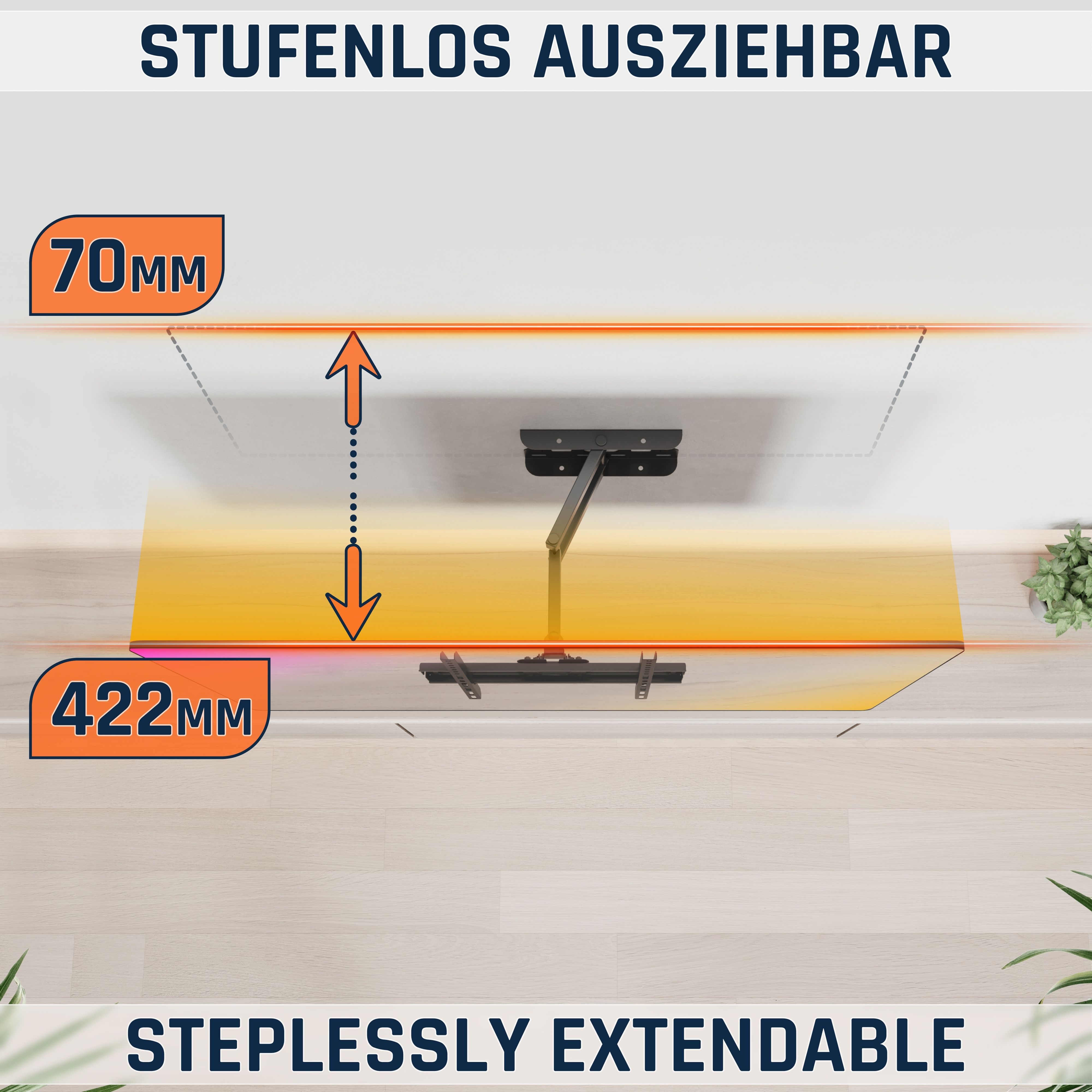Stufenlos ausziehbar: 70mm bis 422mm. Wandhalterung mit Arm.