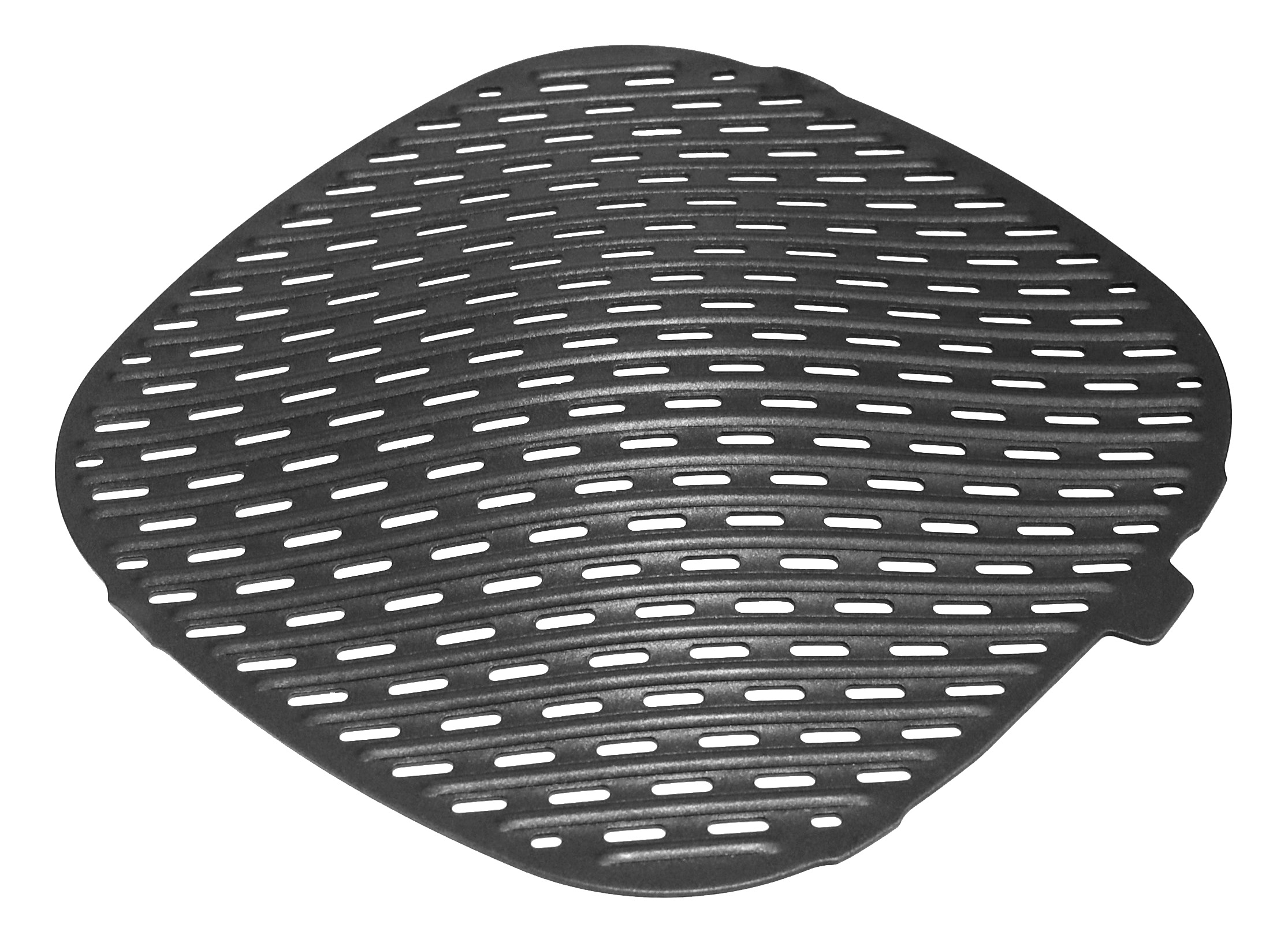 Ein schwarzes, quadratisches Grillblech mit abgerundeten Ecken und vielen Schlitzen.