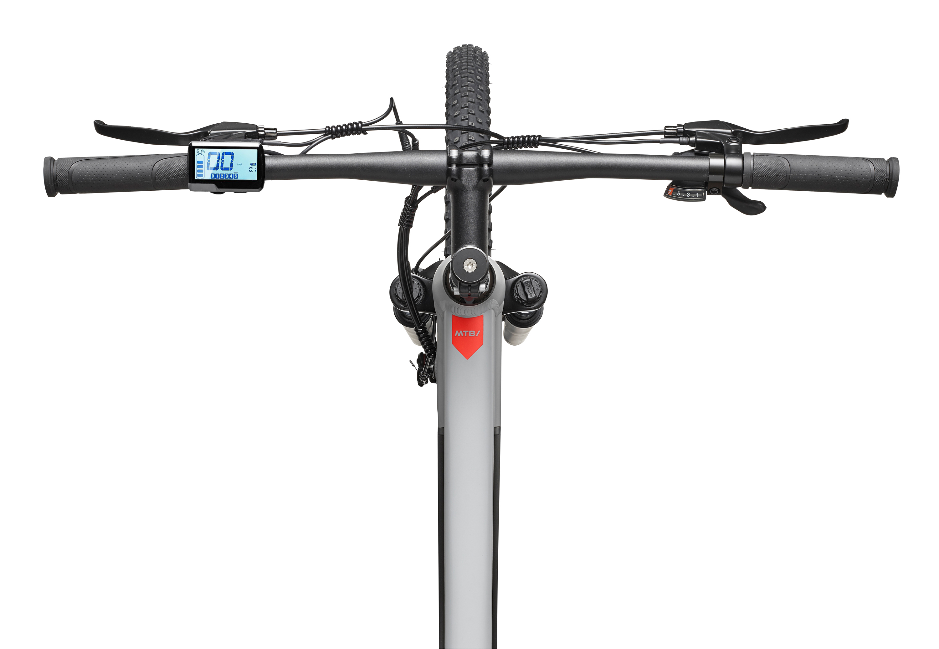 Nahaufnahme des Lenkers eines E-Bikes mit Display, Griffen und Bremsen.