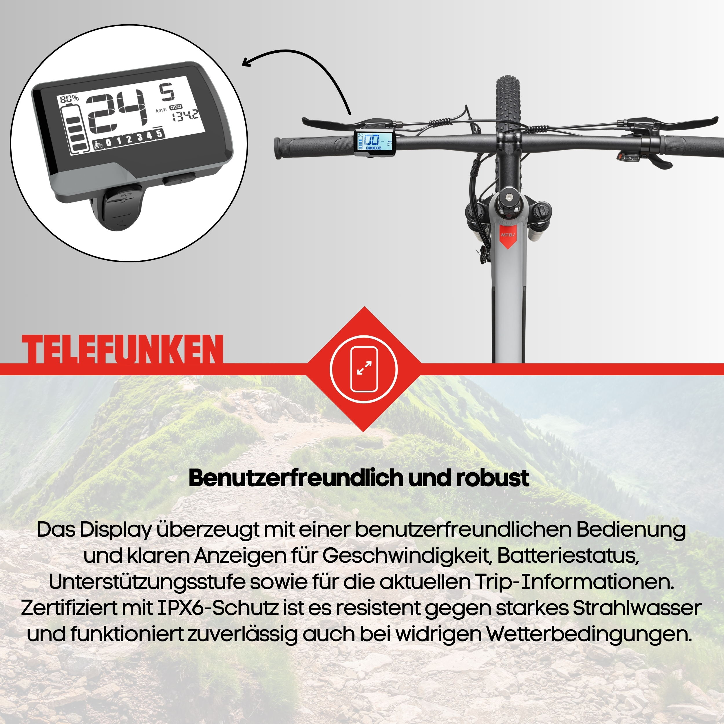 E-Bike Display zeigt Geschwindigkeit, Batterie, Stufen und Trip-Infos an.
