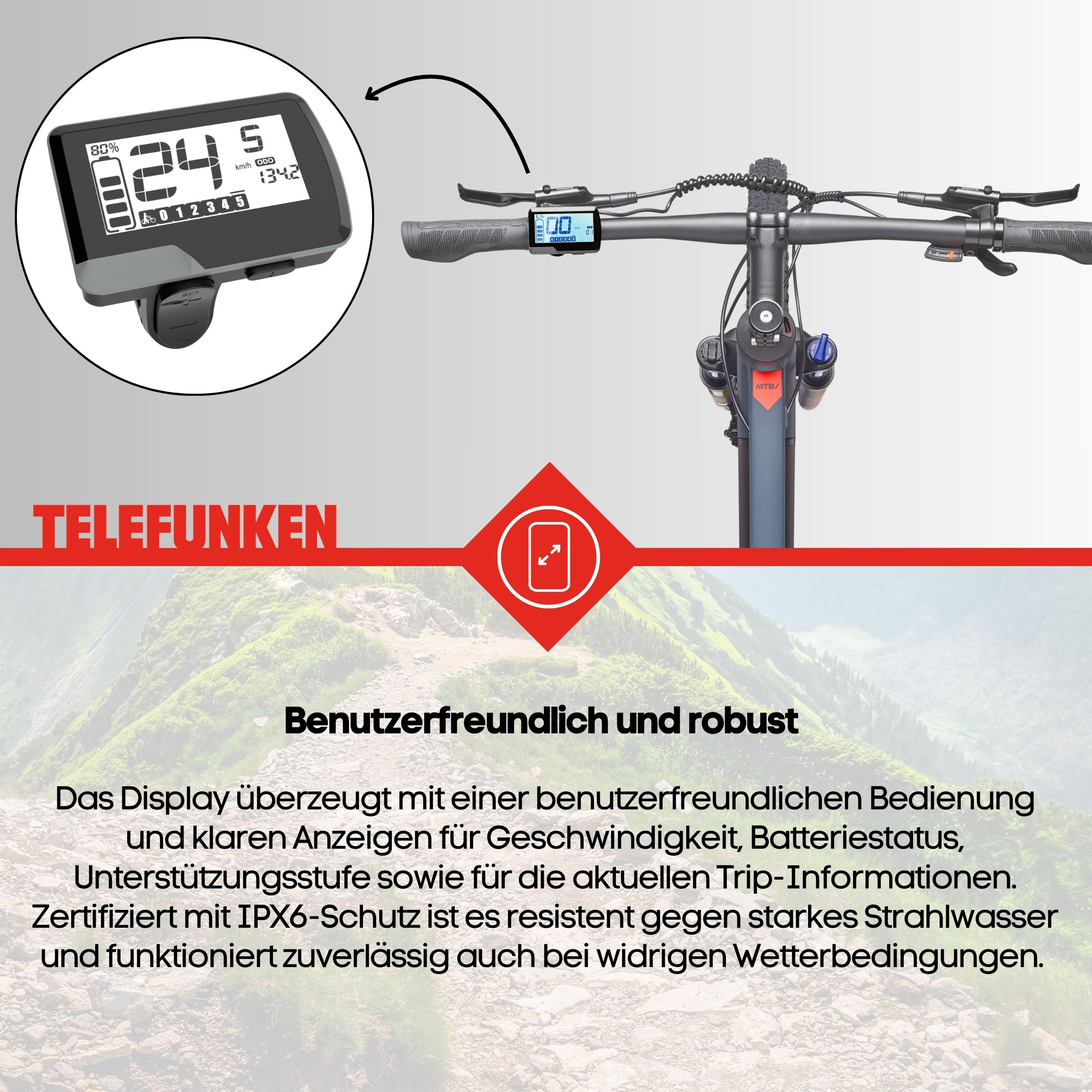 E-Bike Display mit Lenker und Berglandschaft im Hintergrund.