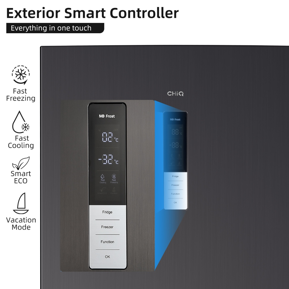 CHIQ refrigerator exterior control panel with temperature display and mode selection.
