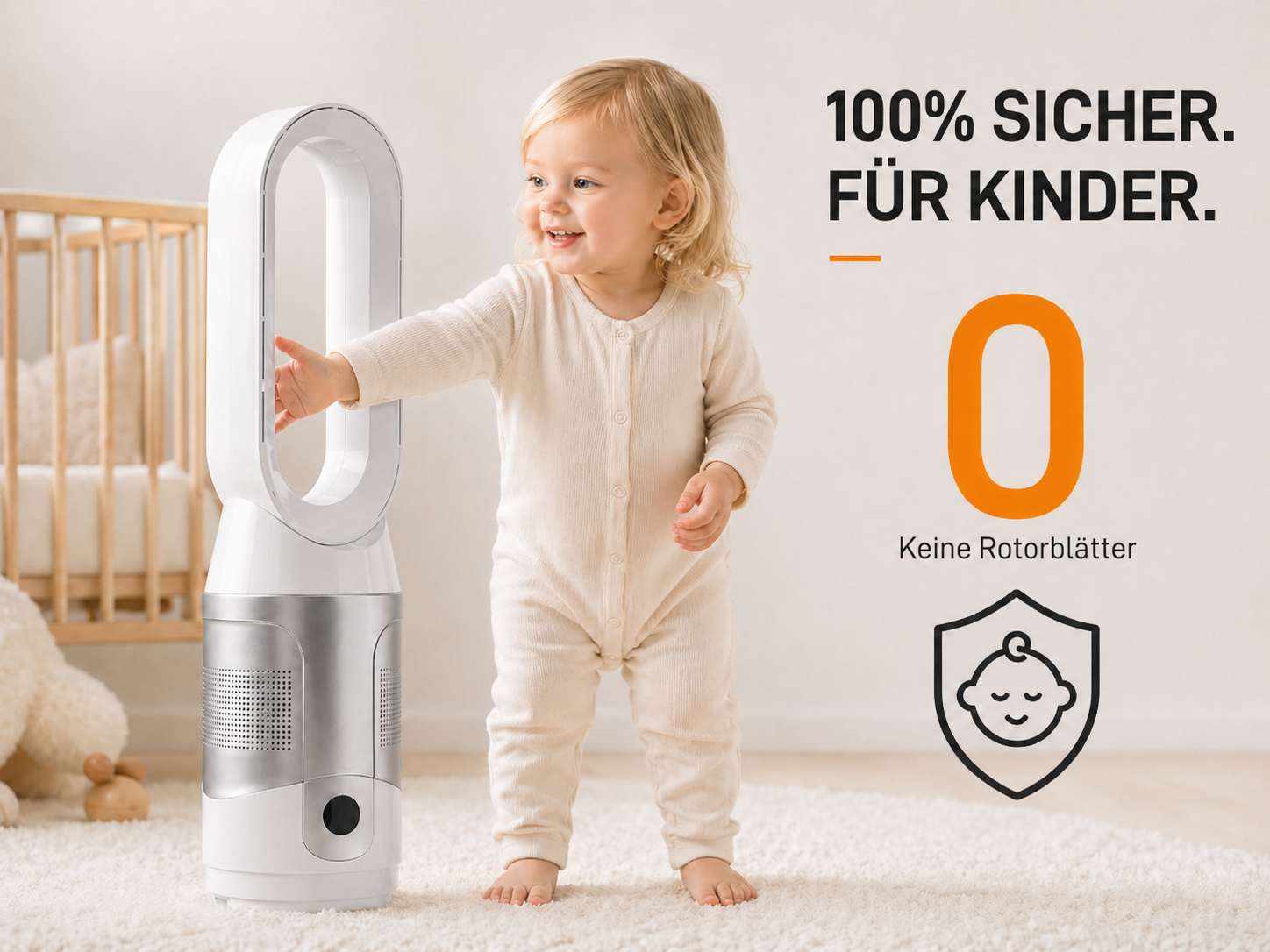 Ein Kleinkind berührt einen bladeless Ventilator. 