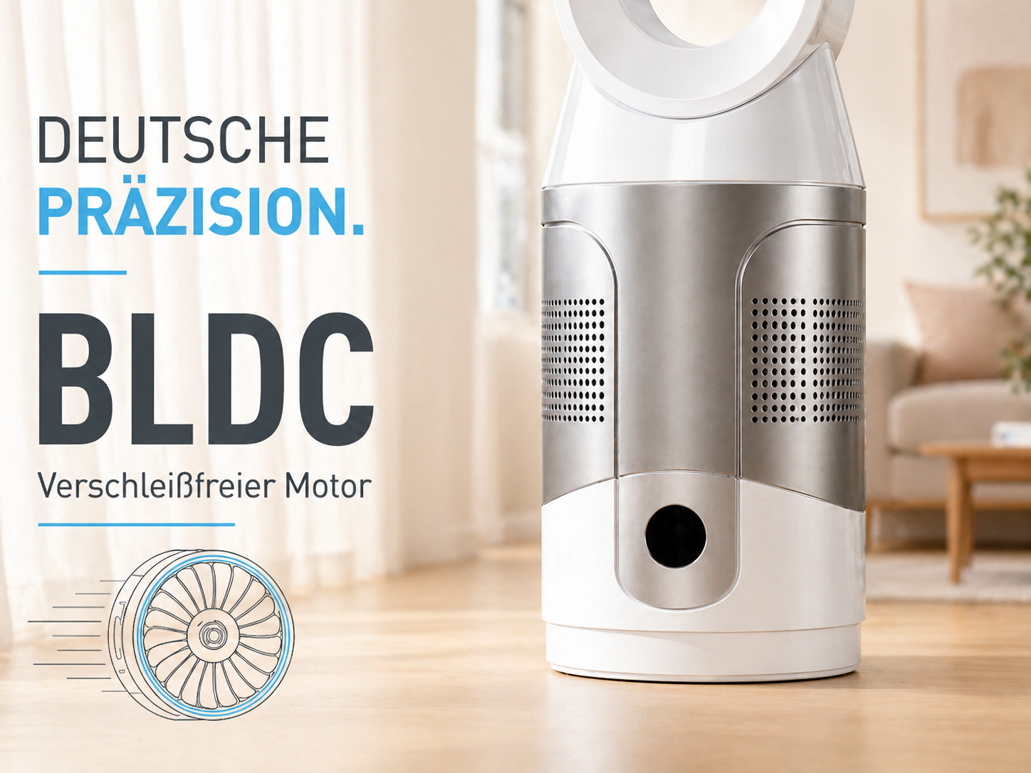 Moderner Luftreiniger mit BLDC-Motor, deutsche Präzision.