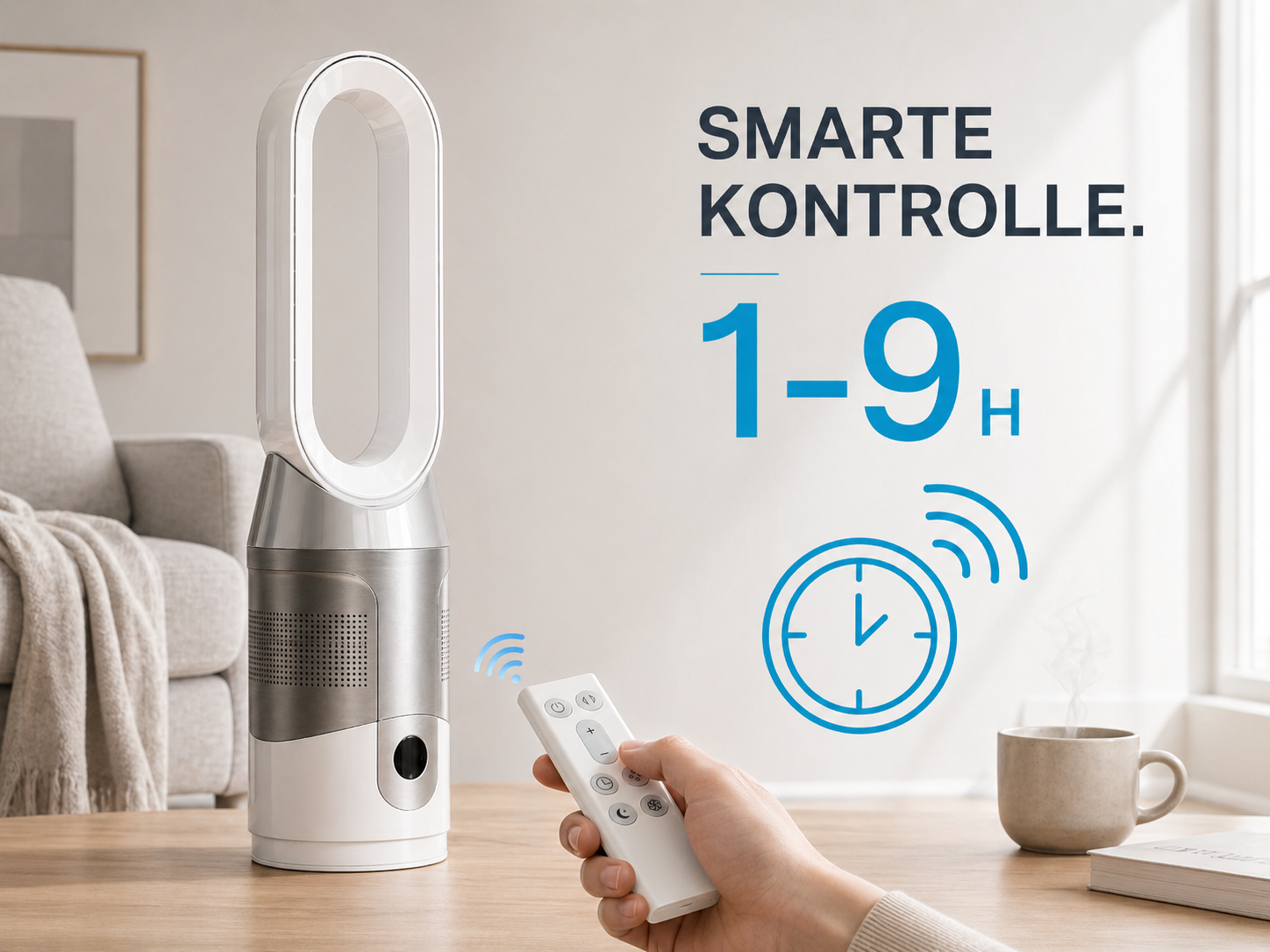Ein weißer Turmventilator mit Fernbedienung auf einem Holztisch.