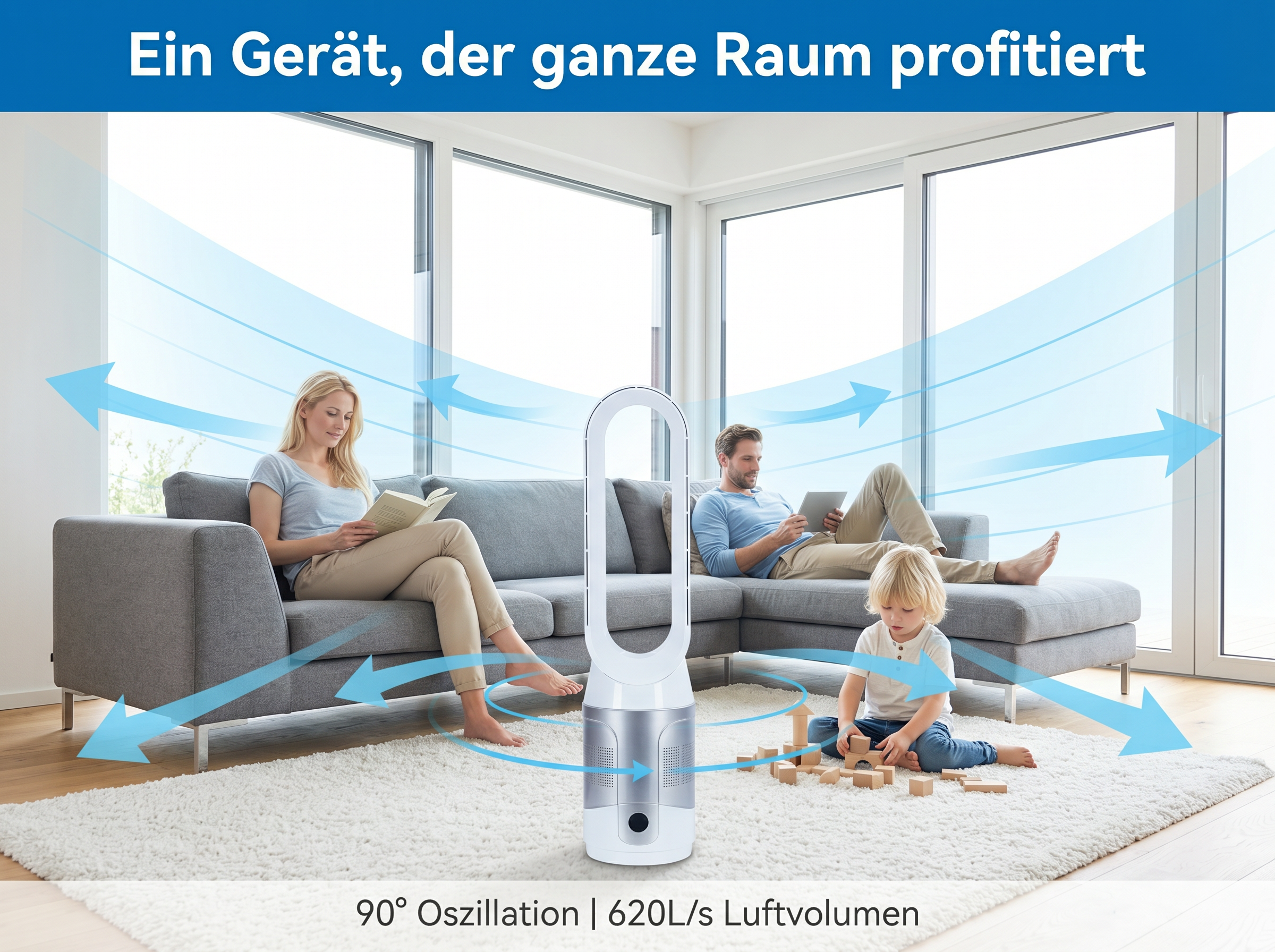 Ein Ventilator zirkuliert Luft im Wohnzimmer, wo eine Frau liest und ein Mann ein Tablet nutzt.