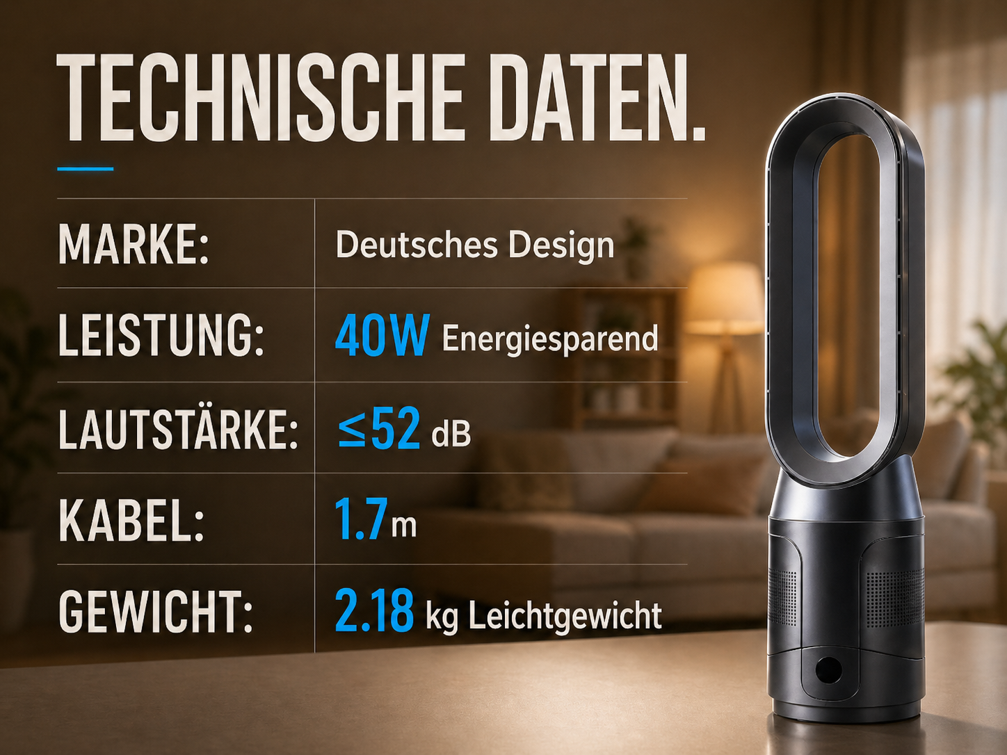 Technische Daten: Marke, Leistung 40W, Lautstärke ≤52 dB, Kabel 1.7m, Gewicht 2.18kg.