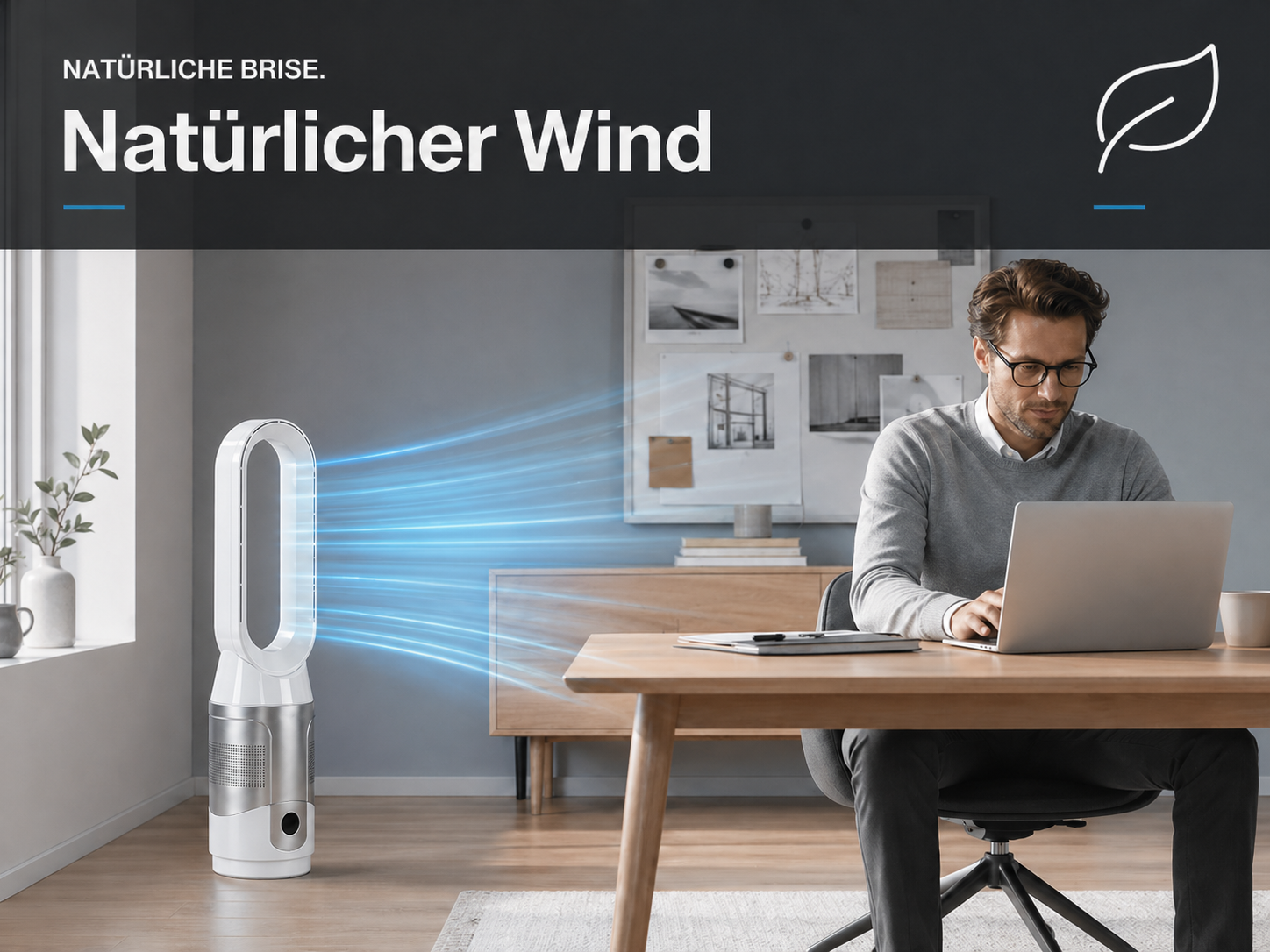 Mann arbeitet am Laptop, Luftreiniger mit blauen Luftströmen im Vordergrund.