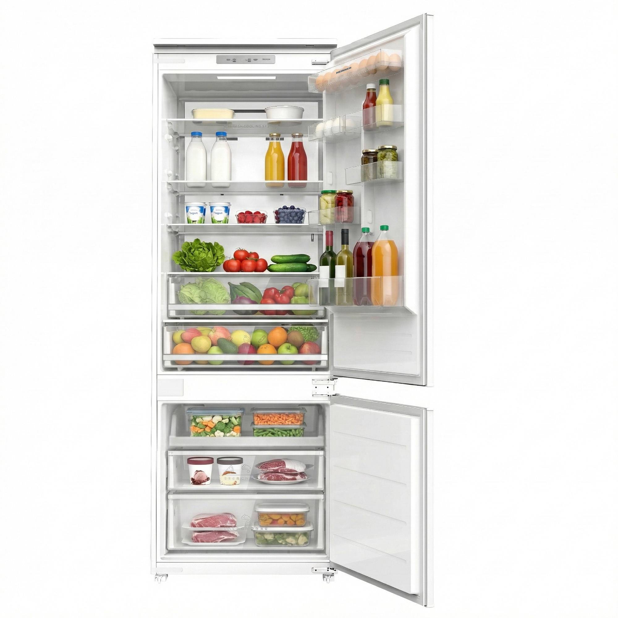Open koelkast gevuld met voedsel: melk, yoghurt, fruit, groenten, vlees, eieren, sappen, wijn.