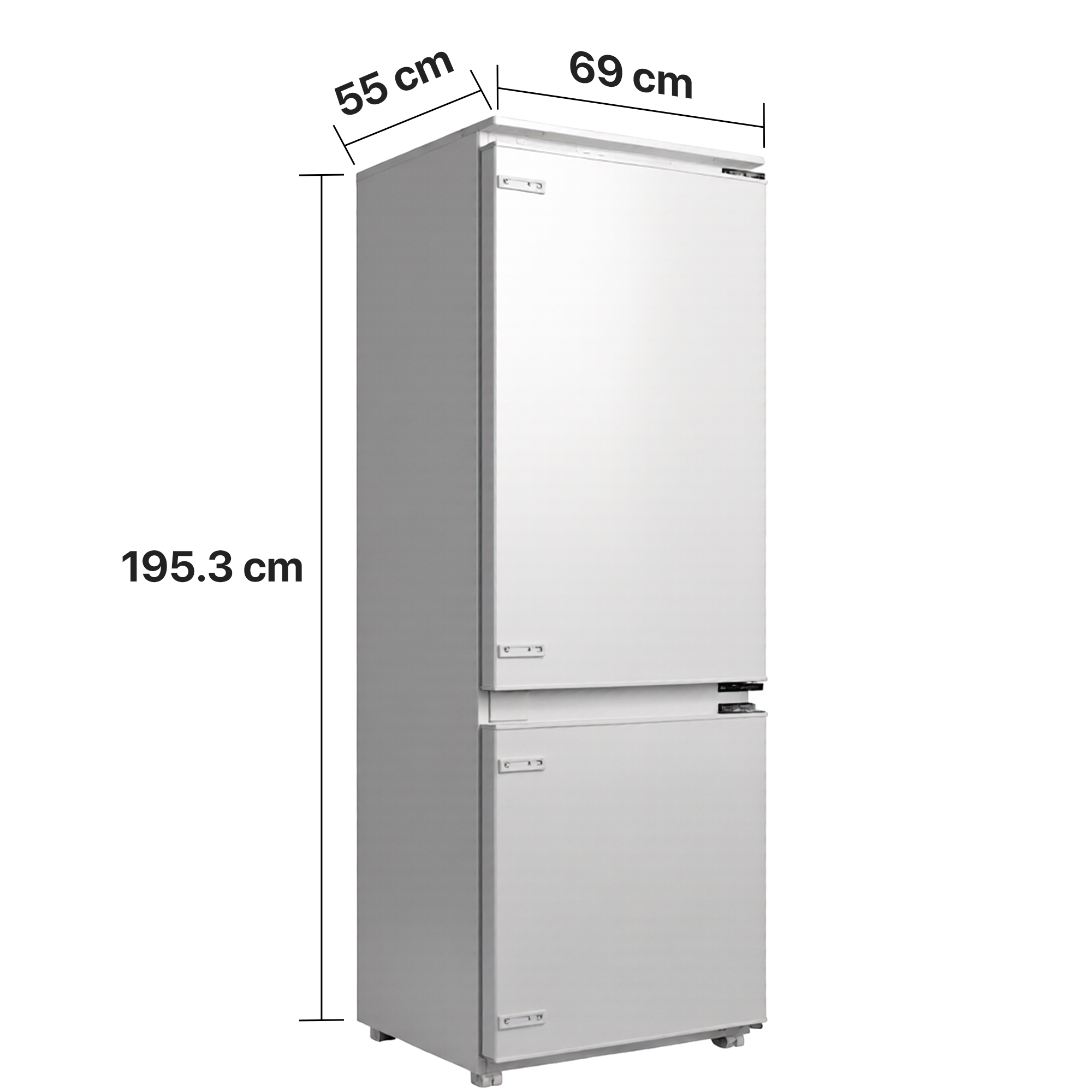 Witte koel-vriescombinatie, afmetingen: 195,3 cm H, 69 cm B, 55 cm D.