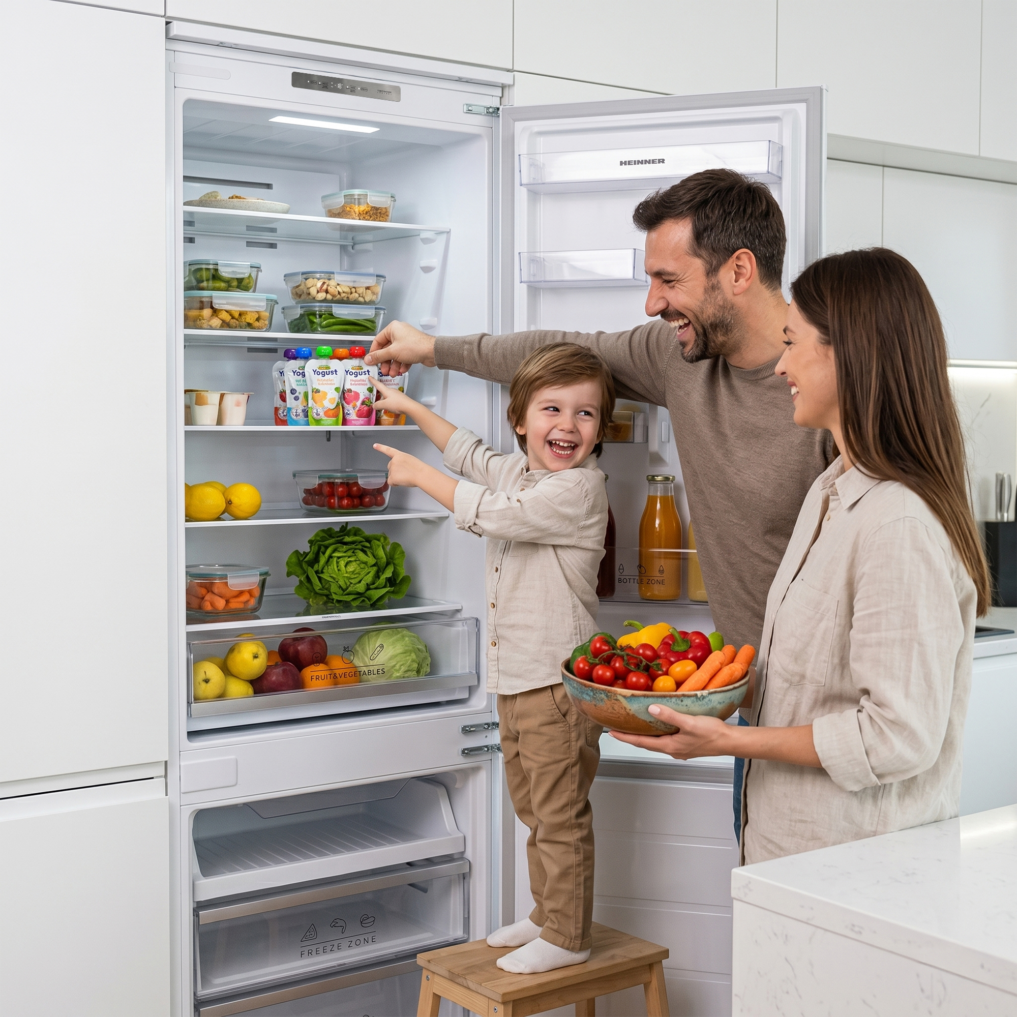 Familie voor een open koelkast met yoghurt en groenten.