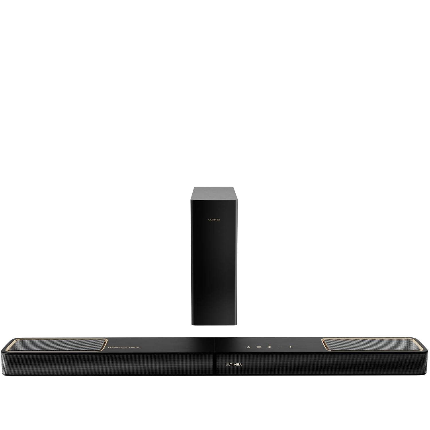Soundbar nero con subwoofer e accenti dorati.