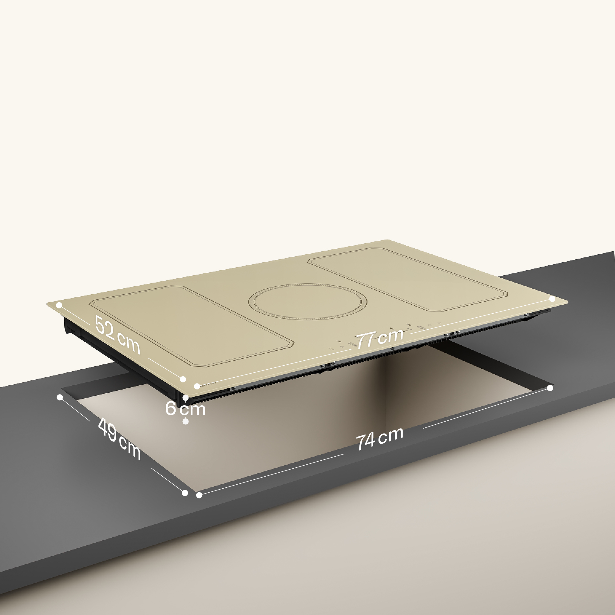 Un piano cottura beige con dimensioni è inserito in un piano di lavoro.