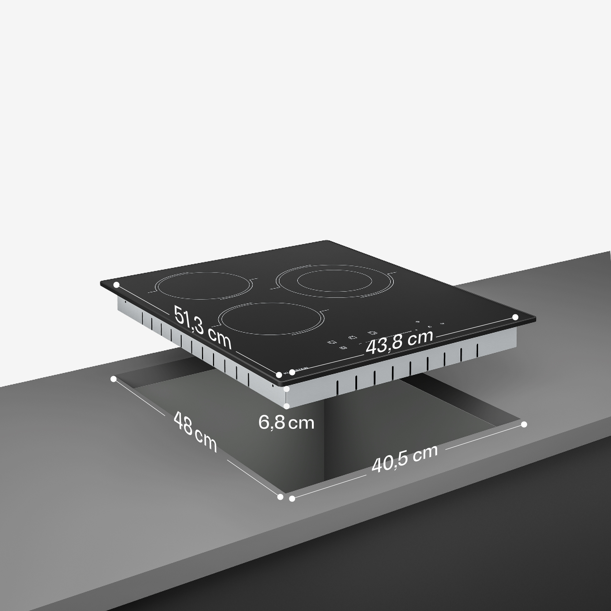 Dimensiones de una placa de inducción negra con cuatro zonas de cocción.