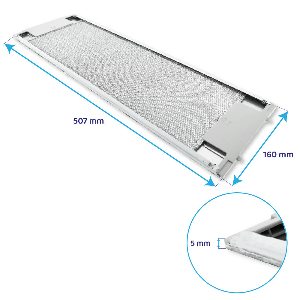 Ein Dunstabzugshaubenfilter aus Metall mit Maßen 507 mm x 160 mm und 5 mm Dicke.