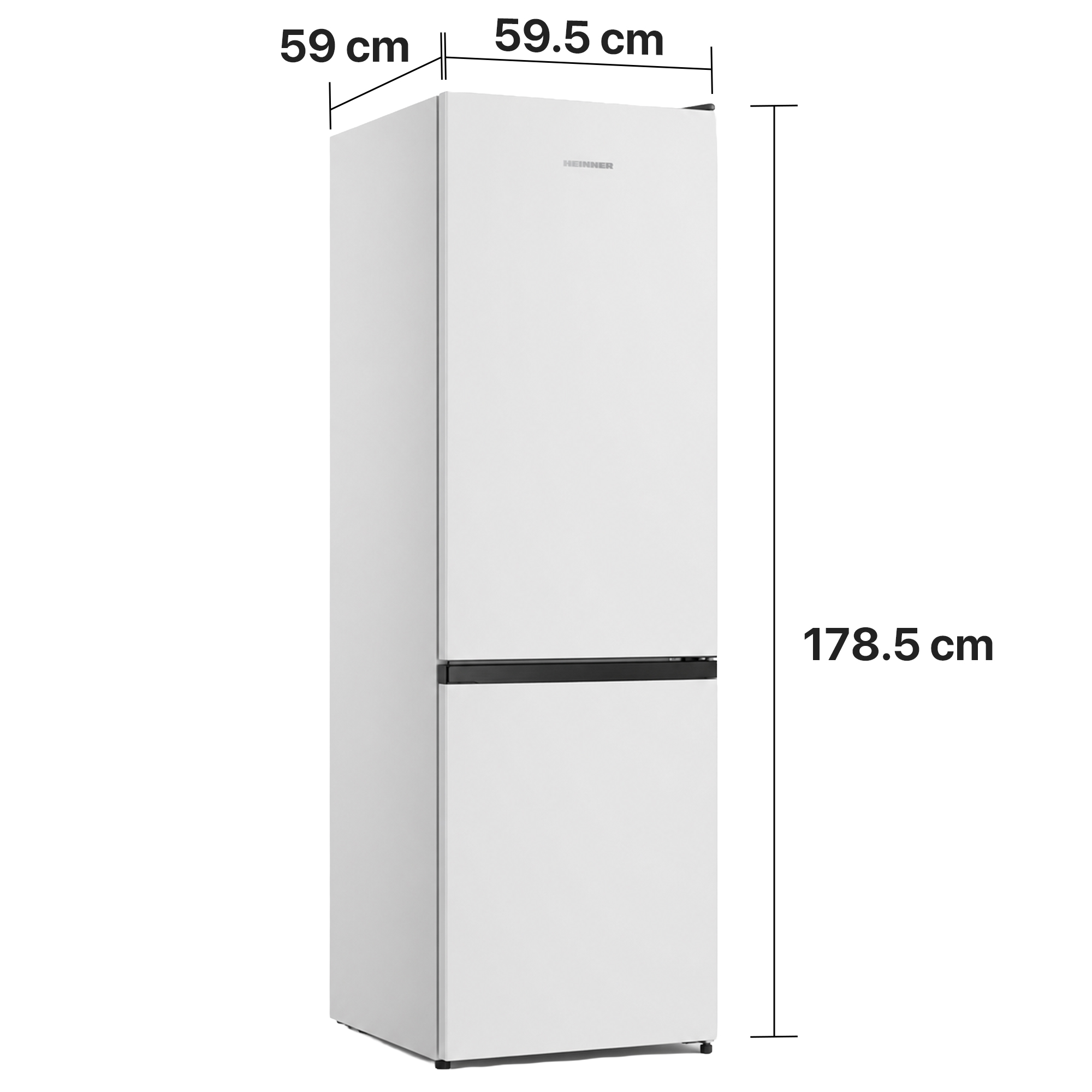 Een witte koelkast van 178,5 cm H, 59 cm B, 59,5 cm D.
