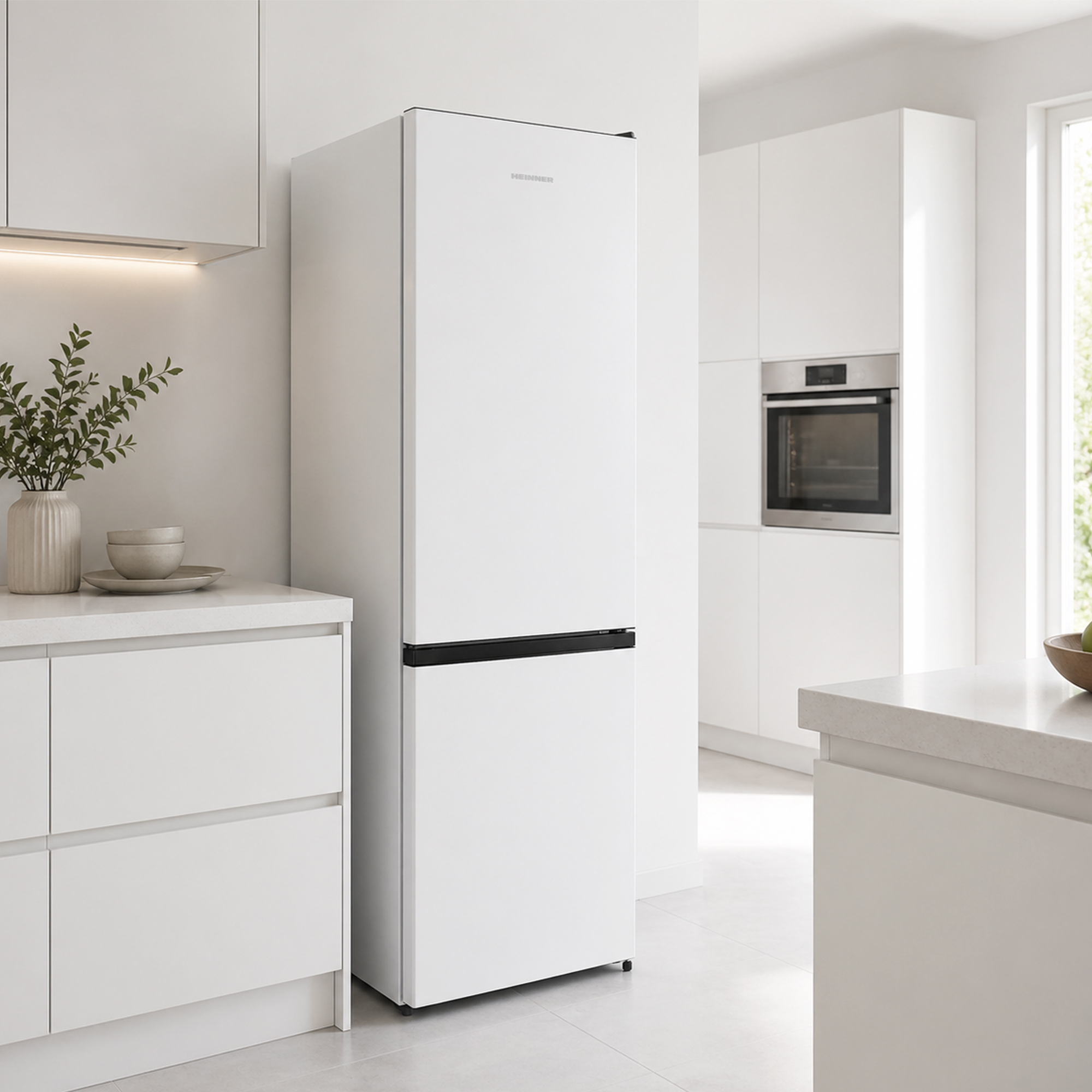 Een witte koelkast in een moderne keuken naast witte kasten en een inbouwoven.