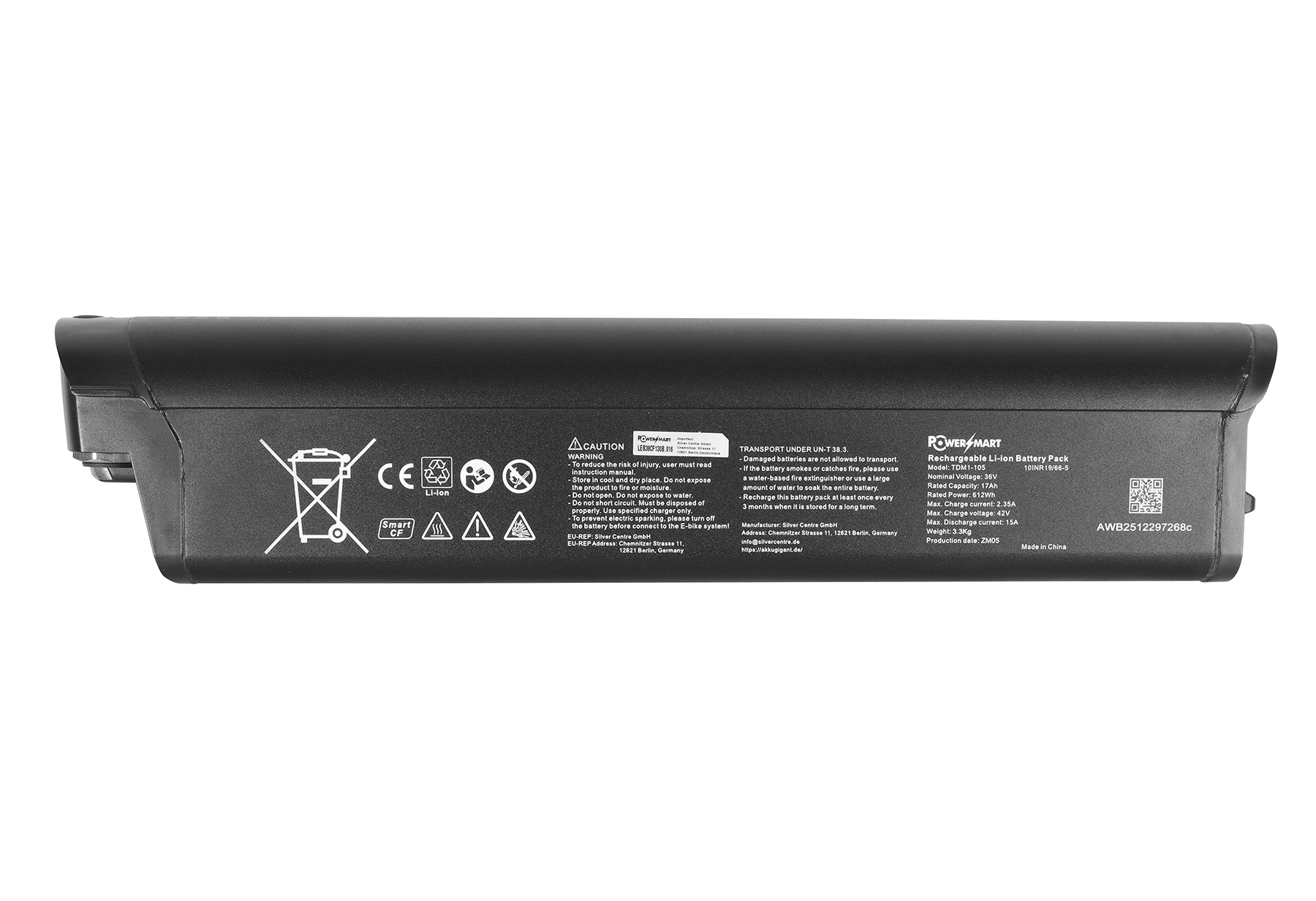 Schwarzer Lithium-Ionen-Akku mit CE, Li-ion, Smart CF und Warnsymbolen. Technische Daten.