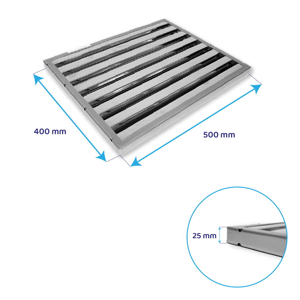 Una griglia rettangolare di 500 mm per 400 mm e spessa 25 mm.