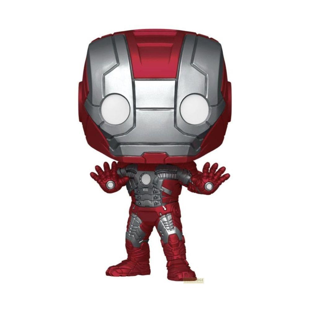 Una figura roja y plateada de Iron Man con ojos y manos brillantes.