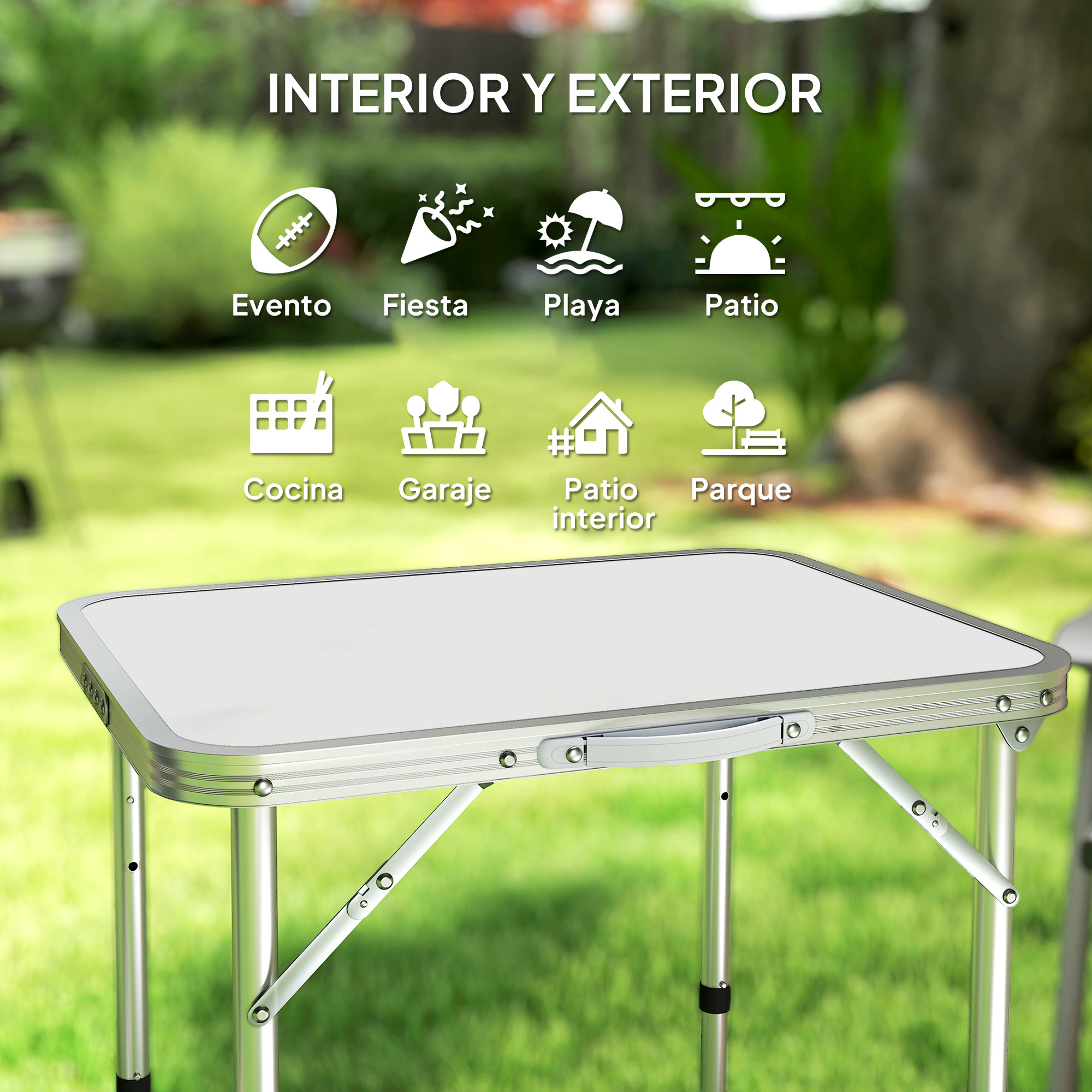 Una mesa plegable portátil se exhibe al aire libre sobre césped verde, con íconos que indican varios usos.