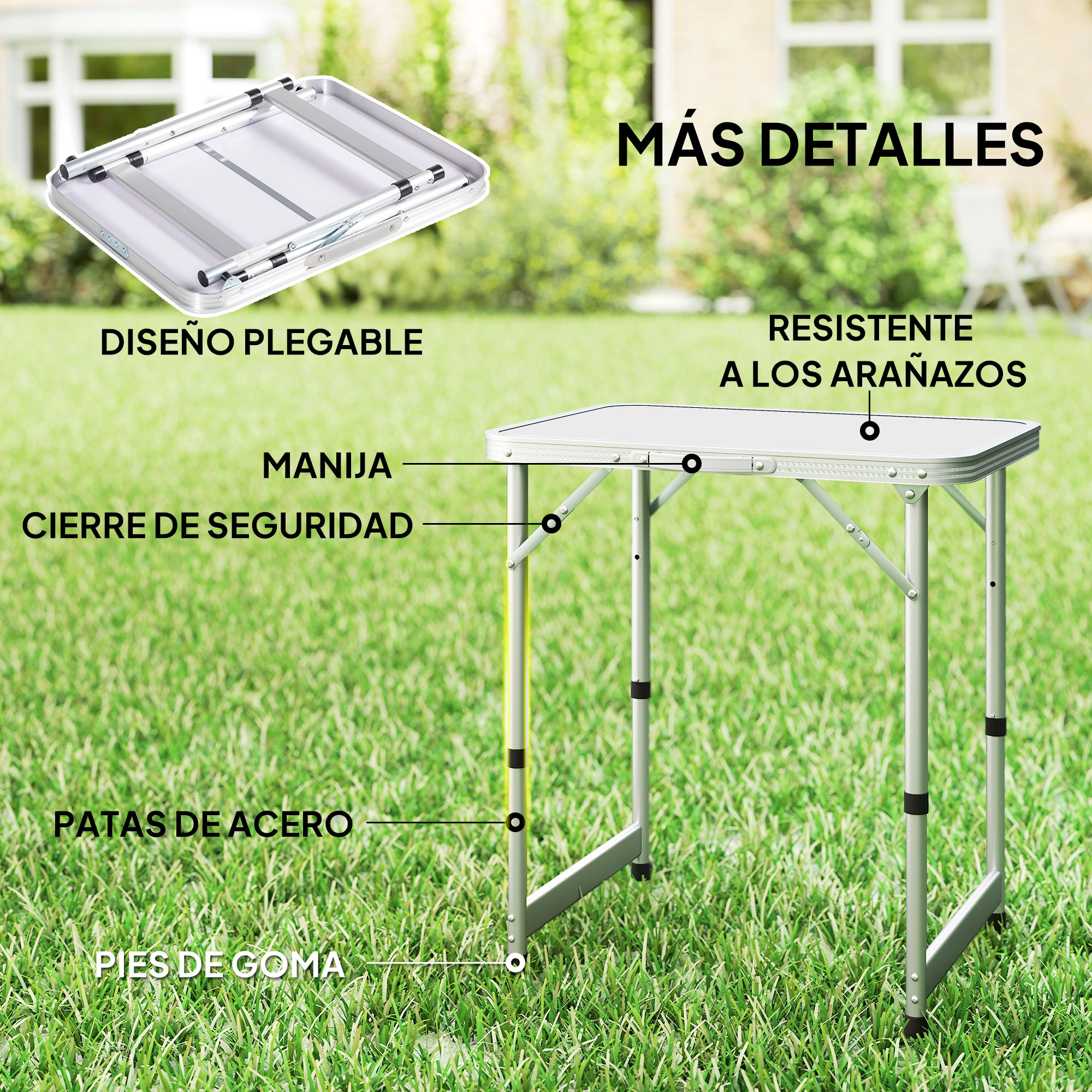Una mesa plegable con patas de metal plateadas y pies de goma sobre césped.