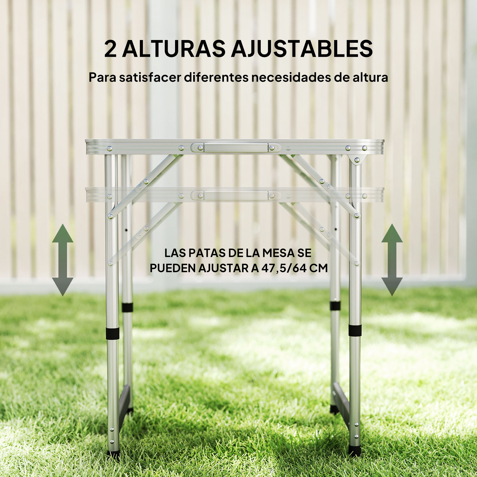 Una mesa ajustable en altura en el exterior sobre césped. Sus patas son ajustables.