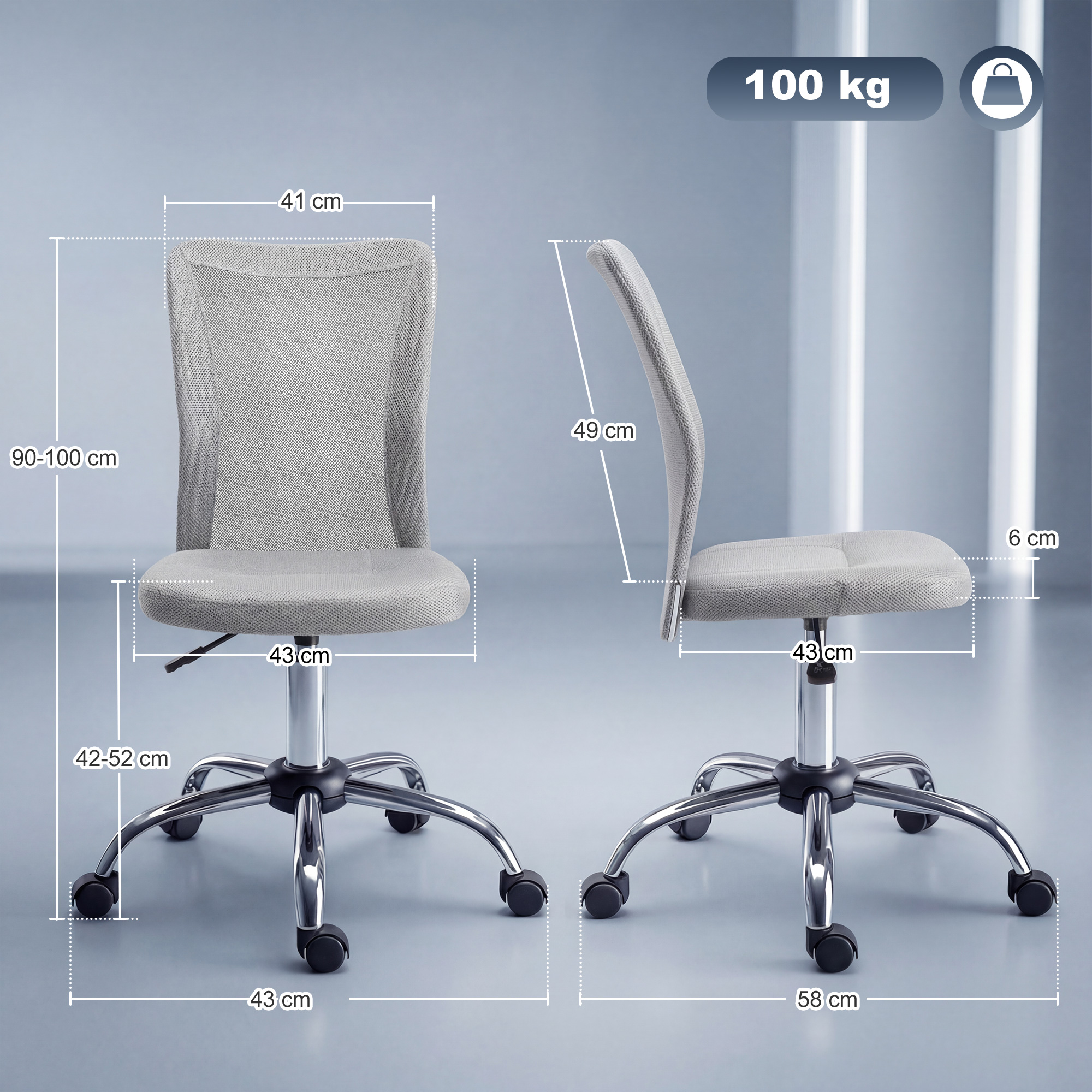 Silla de oficina gris con ruedas y dimensiones mostradas. Carga máxima 100 kg.
