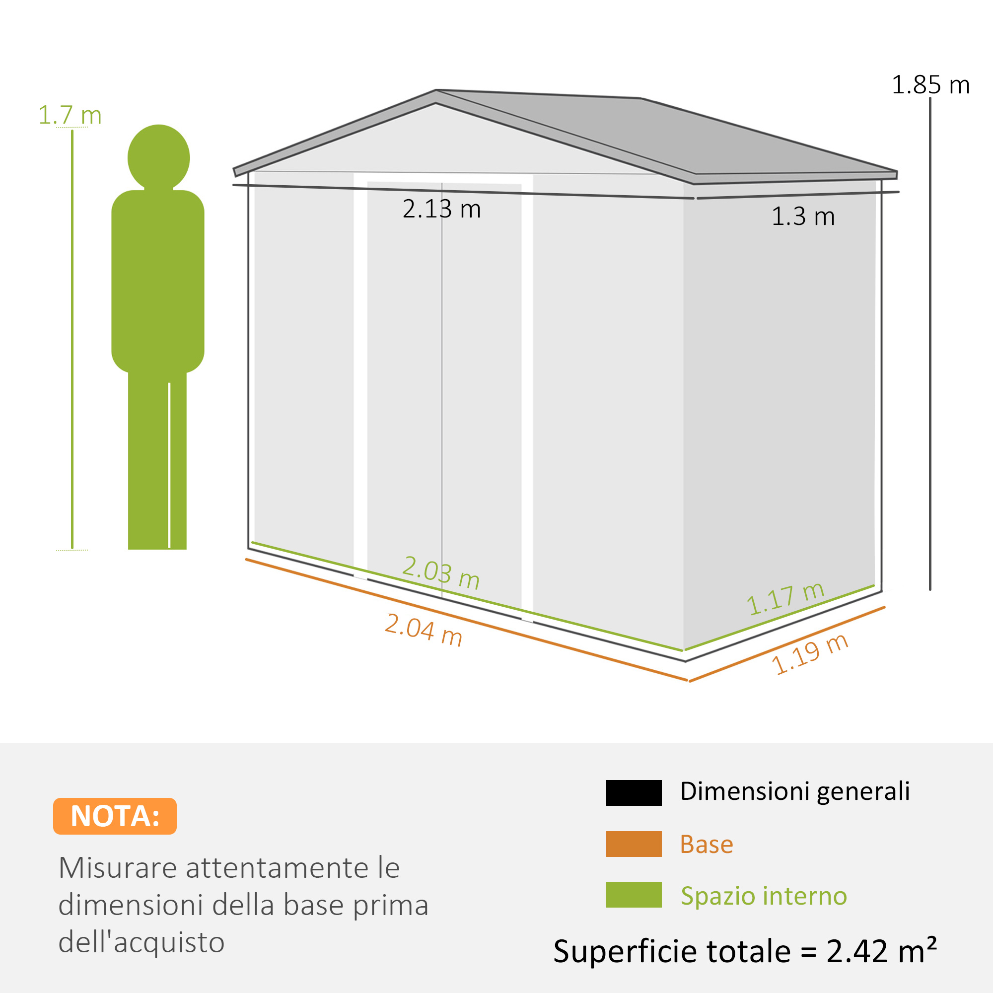 Planta di un capannone con dimensioni e una silhouette verde di persona.