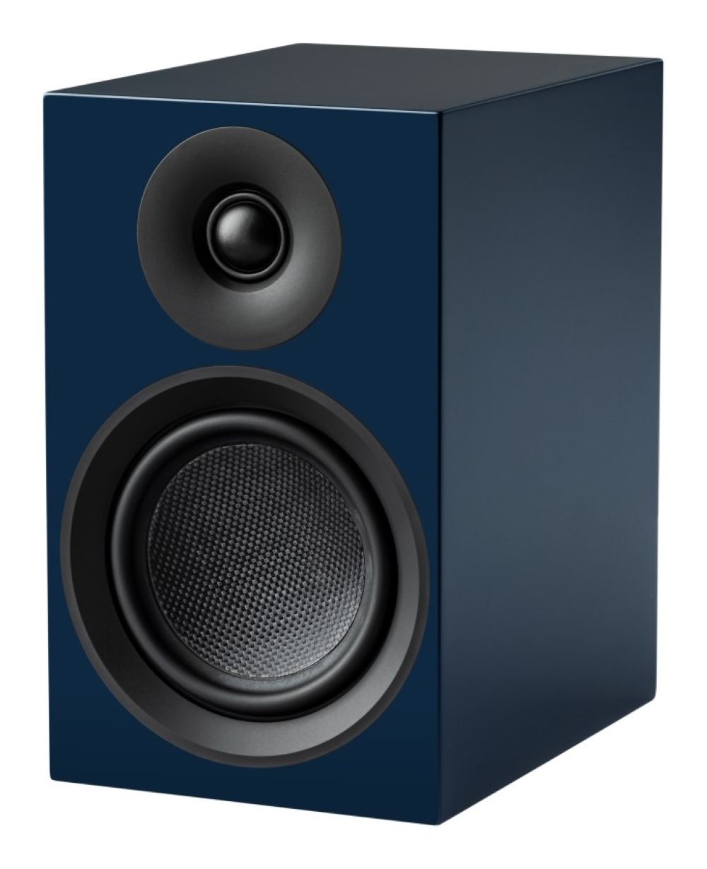 Ciemnoniebieski głośnik z głośnikiem wysokotonowym na górze i niskotonowym poniżej.